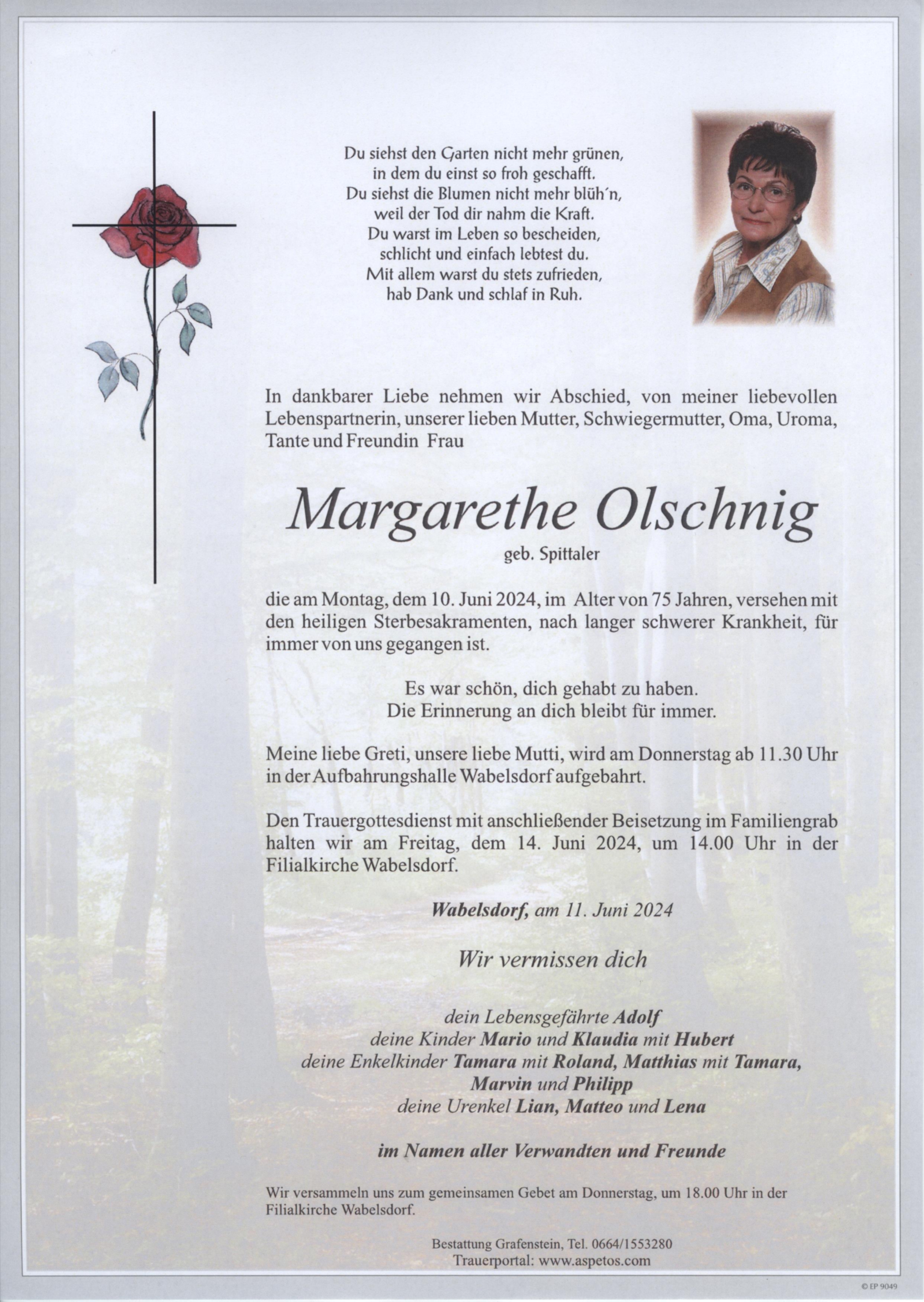 Traueranzeige von Margarethte Olschnig