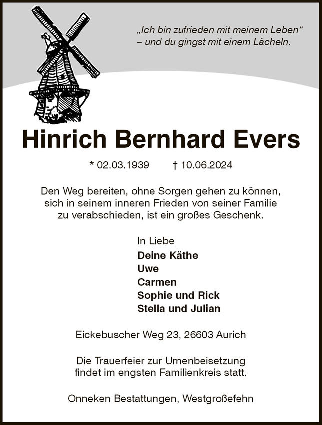 Traueranzeige von Hinrich Bernhard  Evers