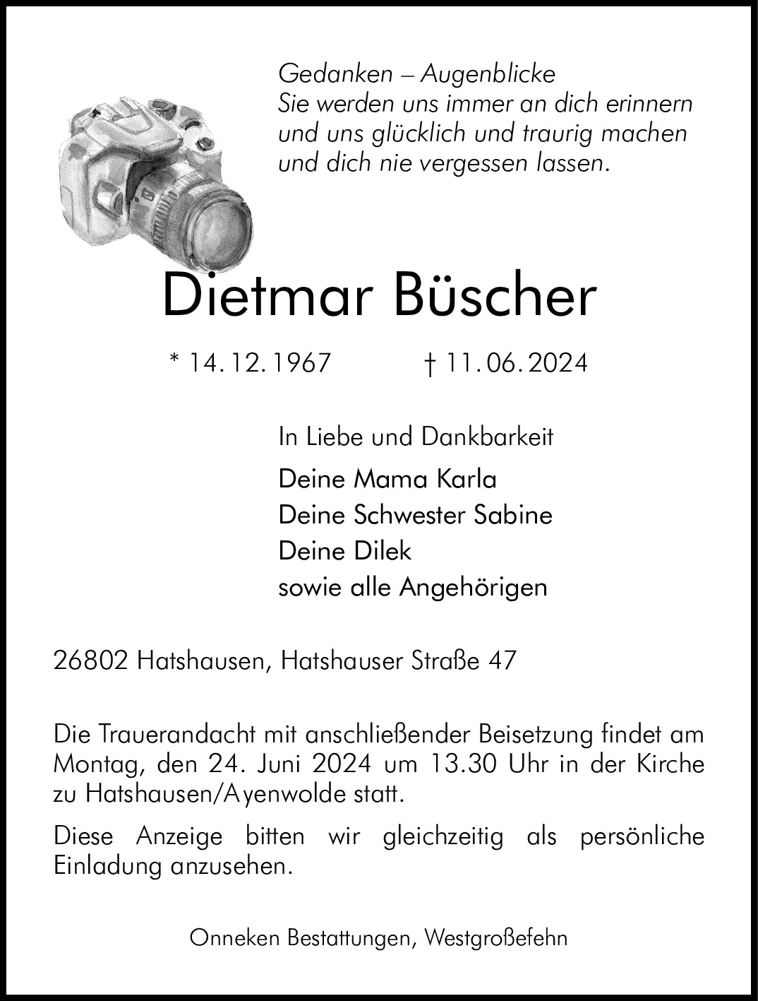 Traueranzeige von Dietmar Büscher