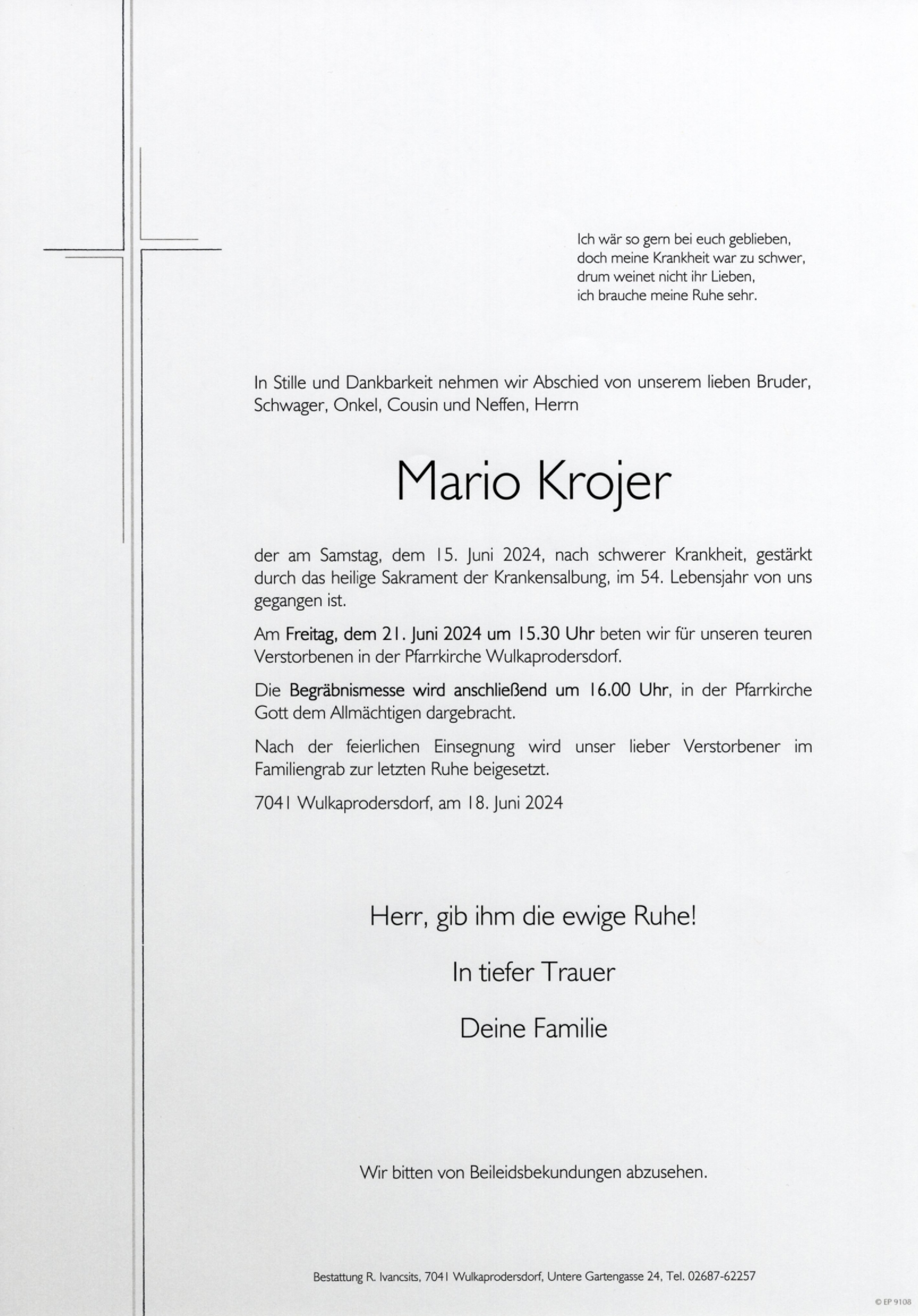 Traueranzeige von Mario Krojer