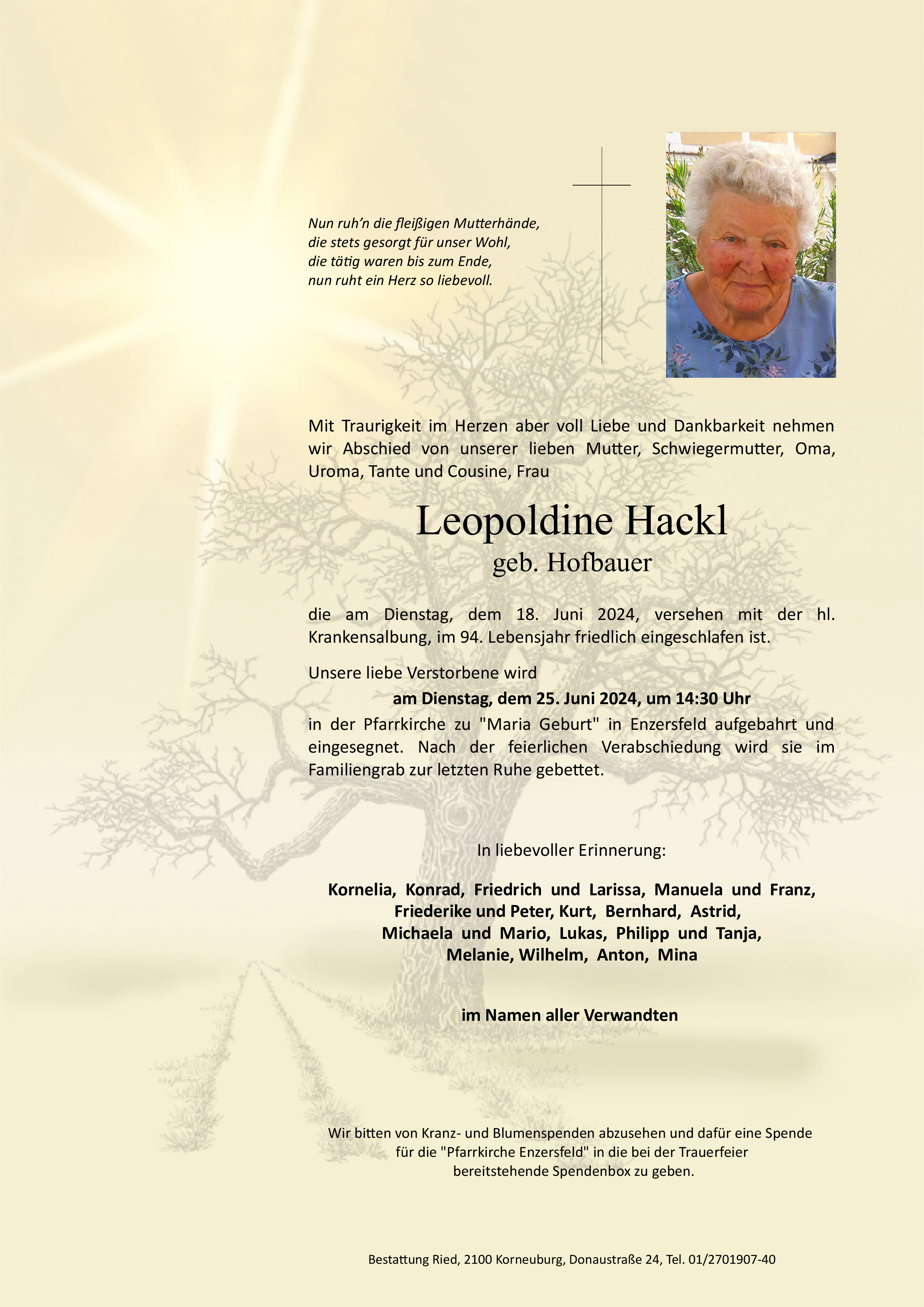 Traueranzeige von Leopoldine Hackl