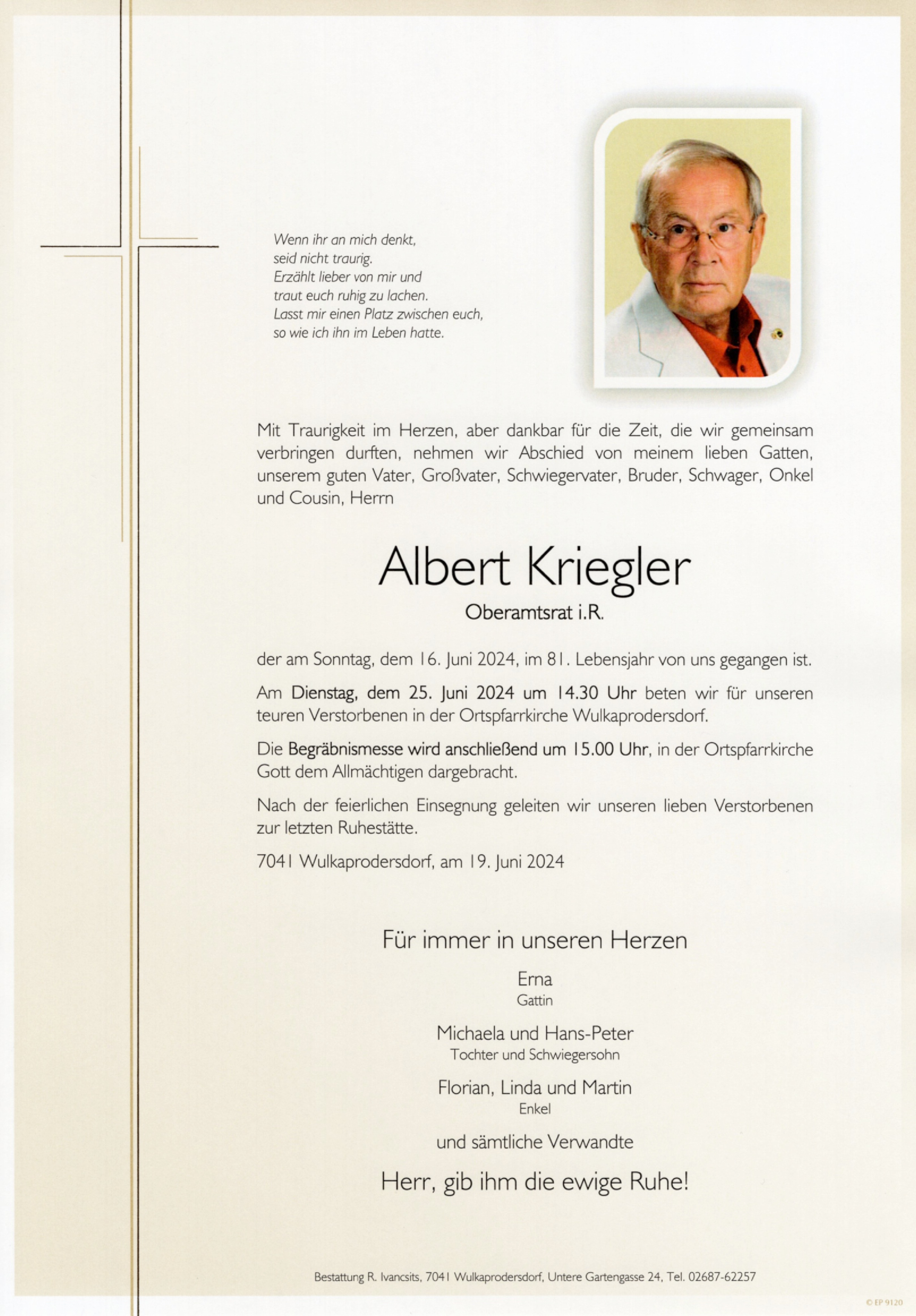 Traueranzeige von Albert Kriegler