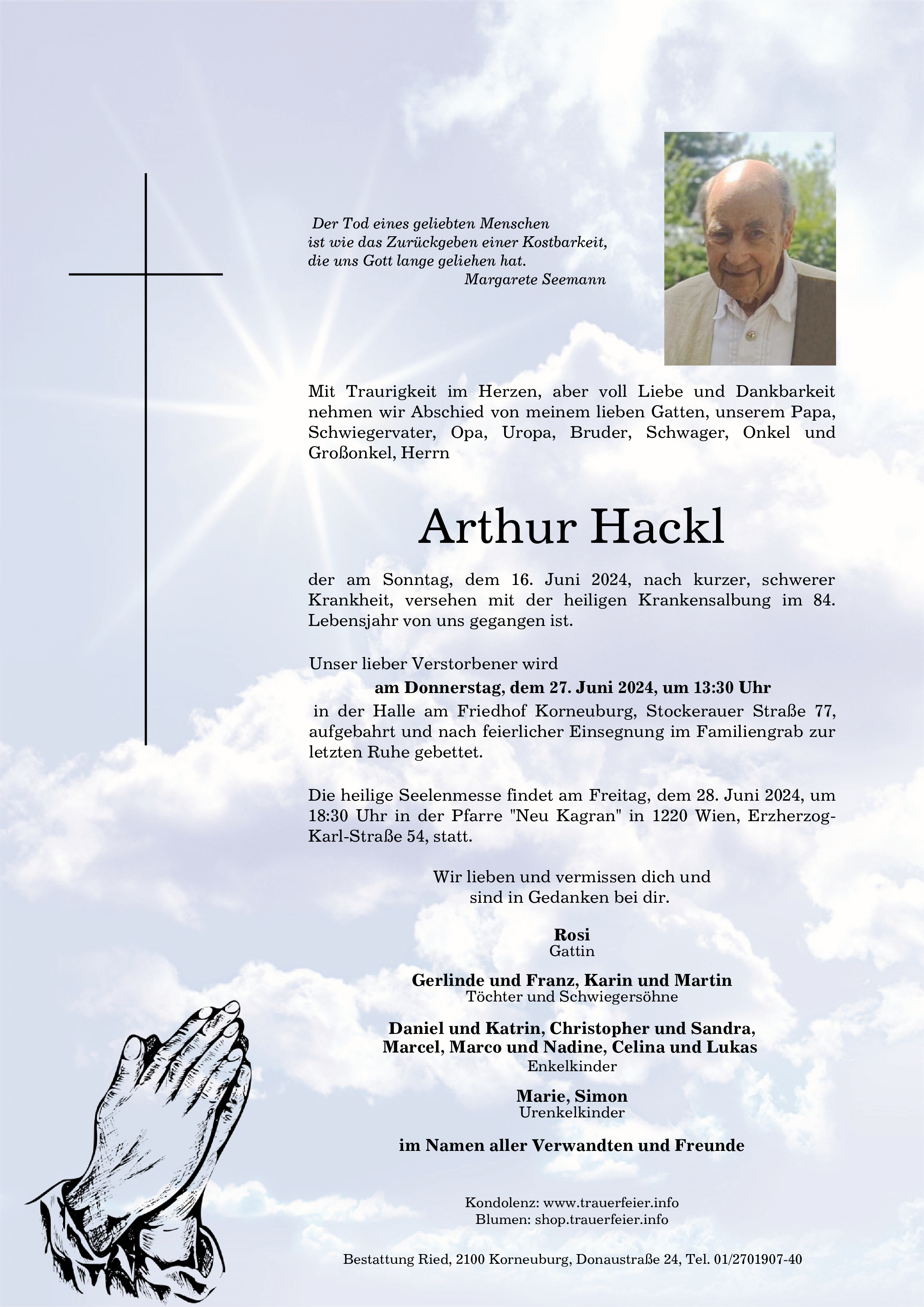 Traueranzeige von Arthur  Hackl