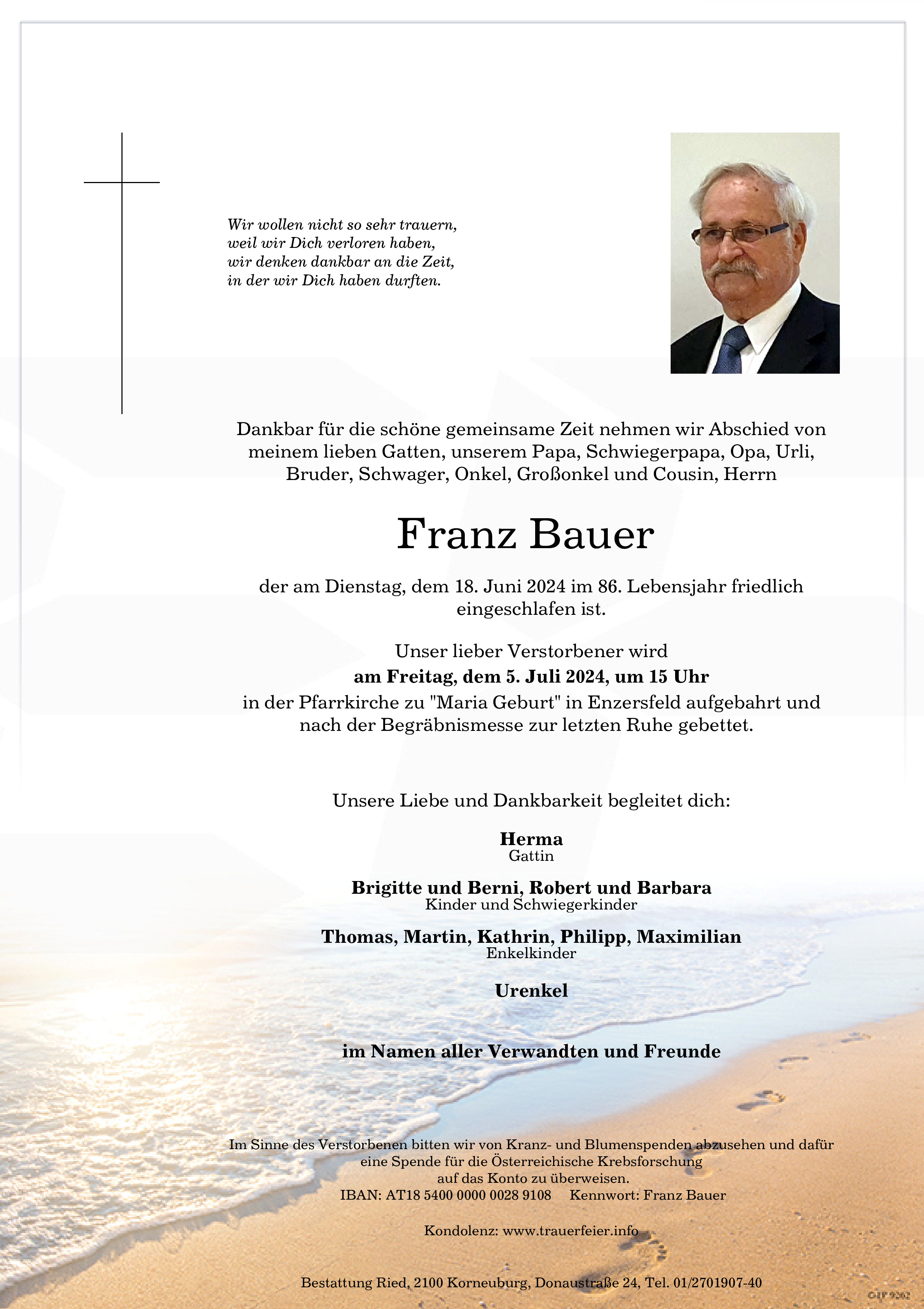 Traueranzeige von Franz Bauer