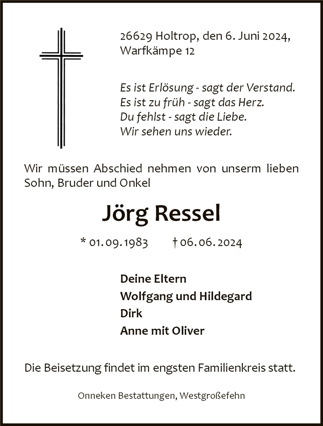 Traueranzeige von Jörg Ressel