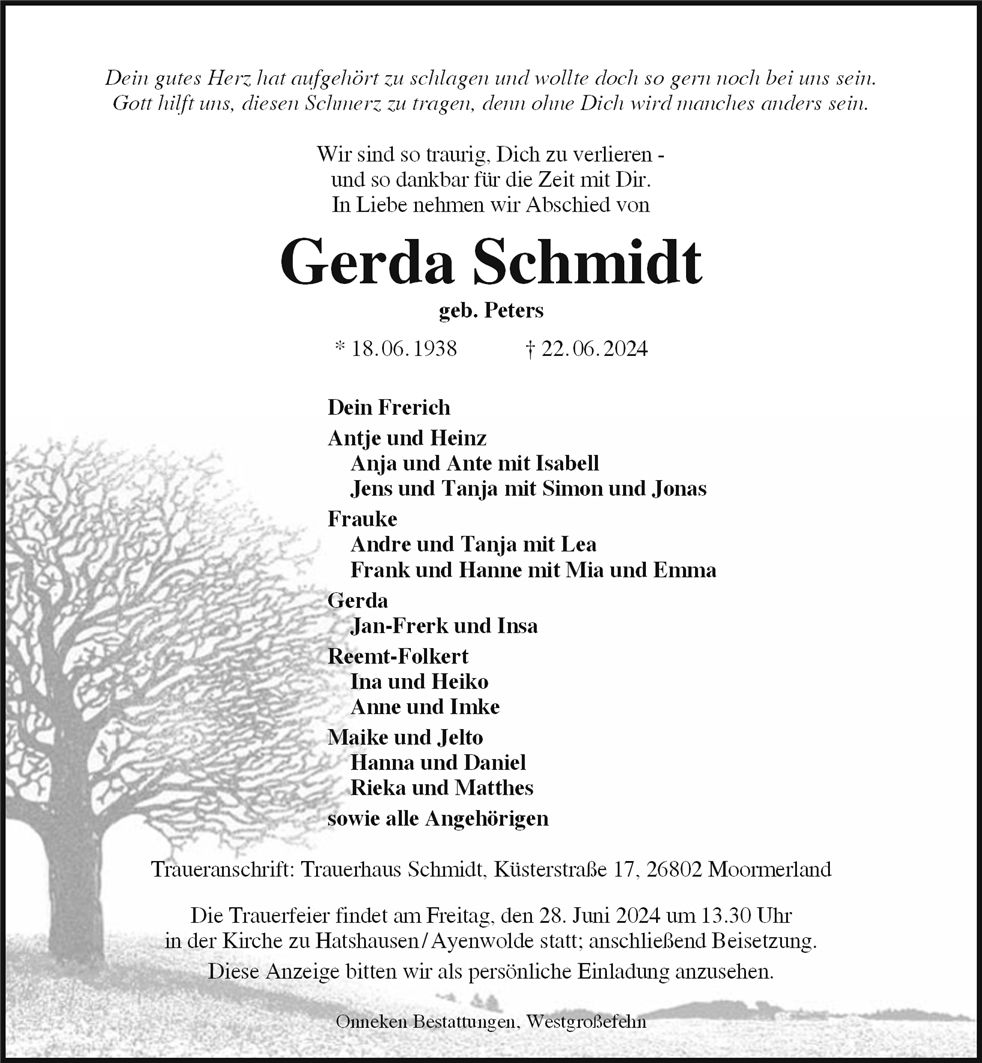 Traueranzeige von Gerda Schmidt