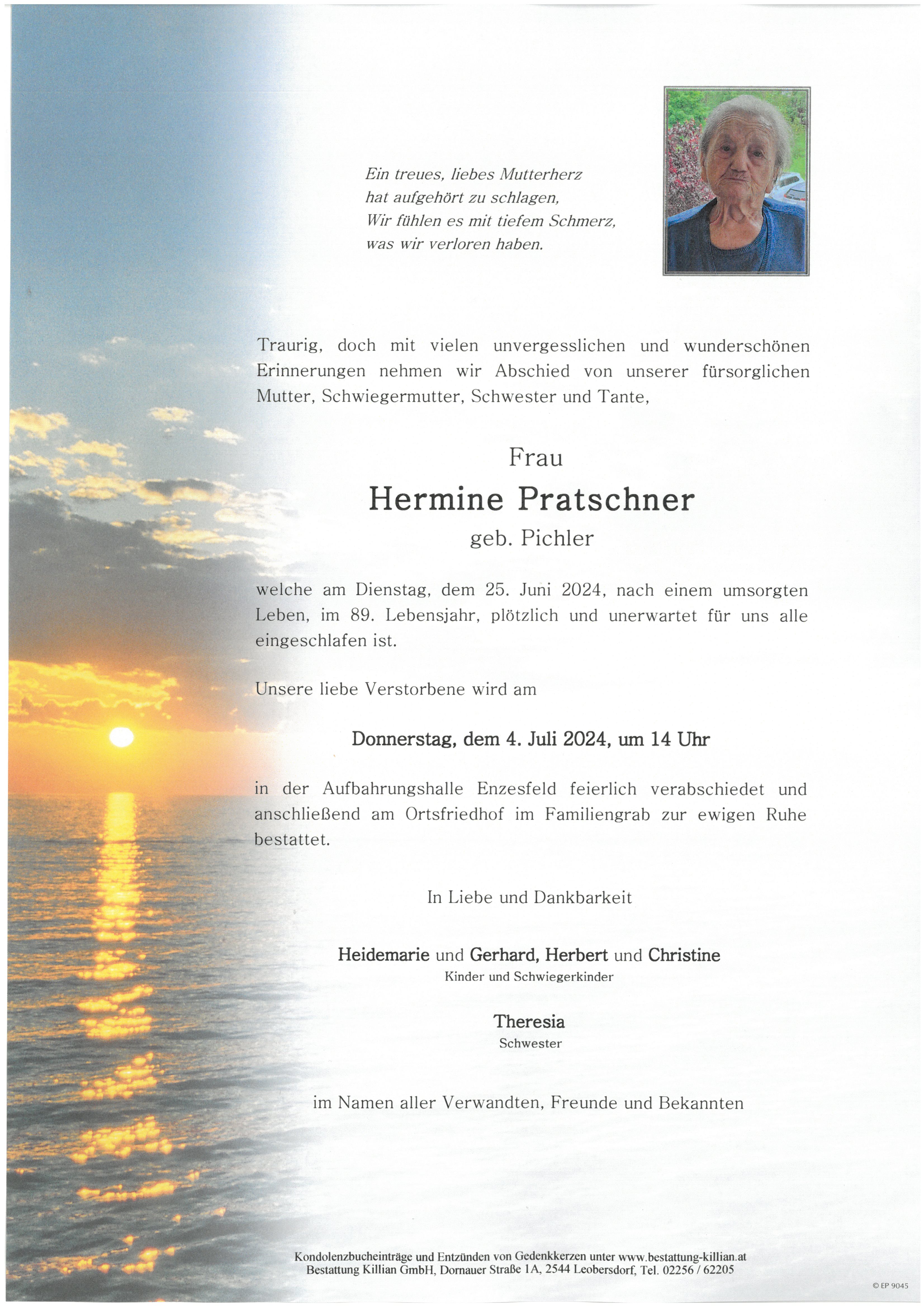 Traueranzeige von Hermine Pratschner