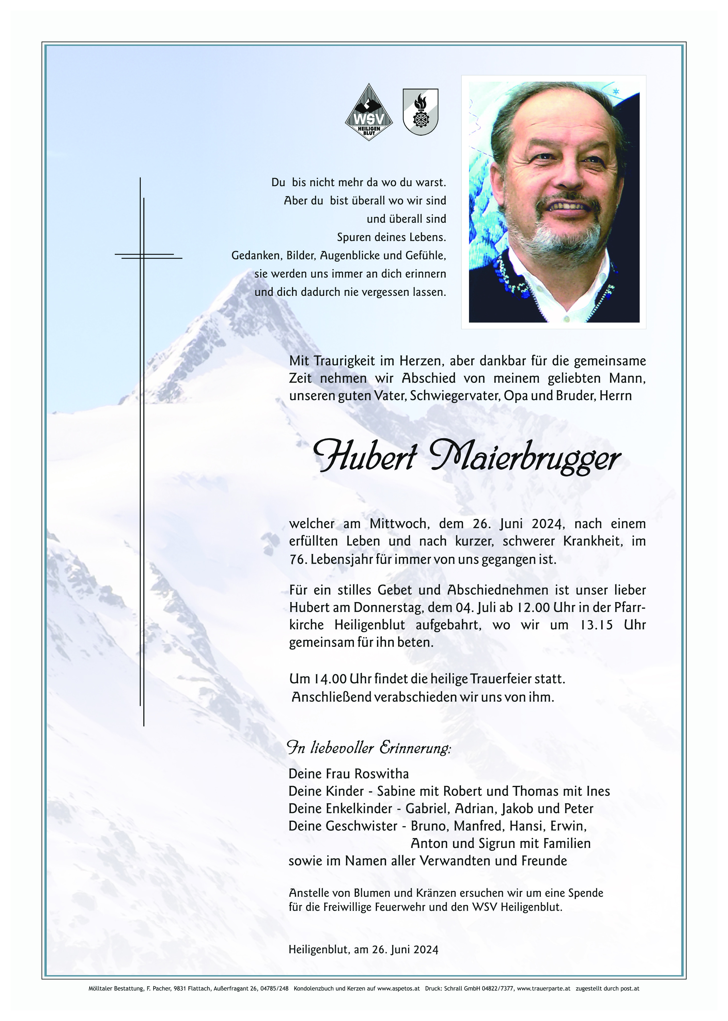 Traueranzeige von Hubert Maierbrugger
