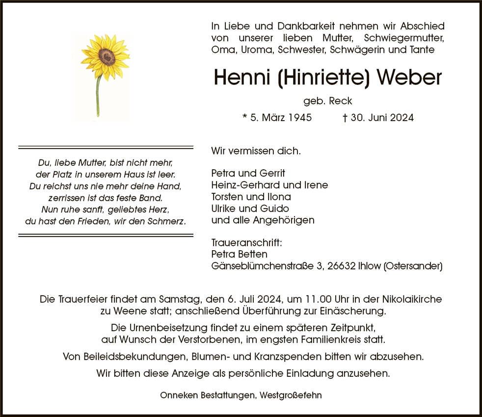 Traueranzeige von Henriette Weber