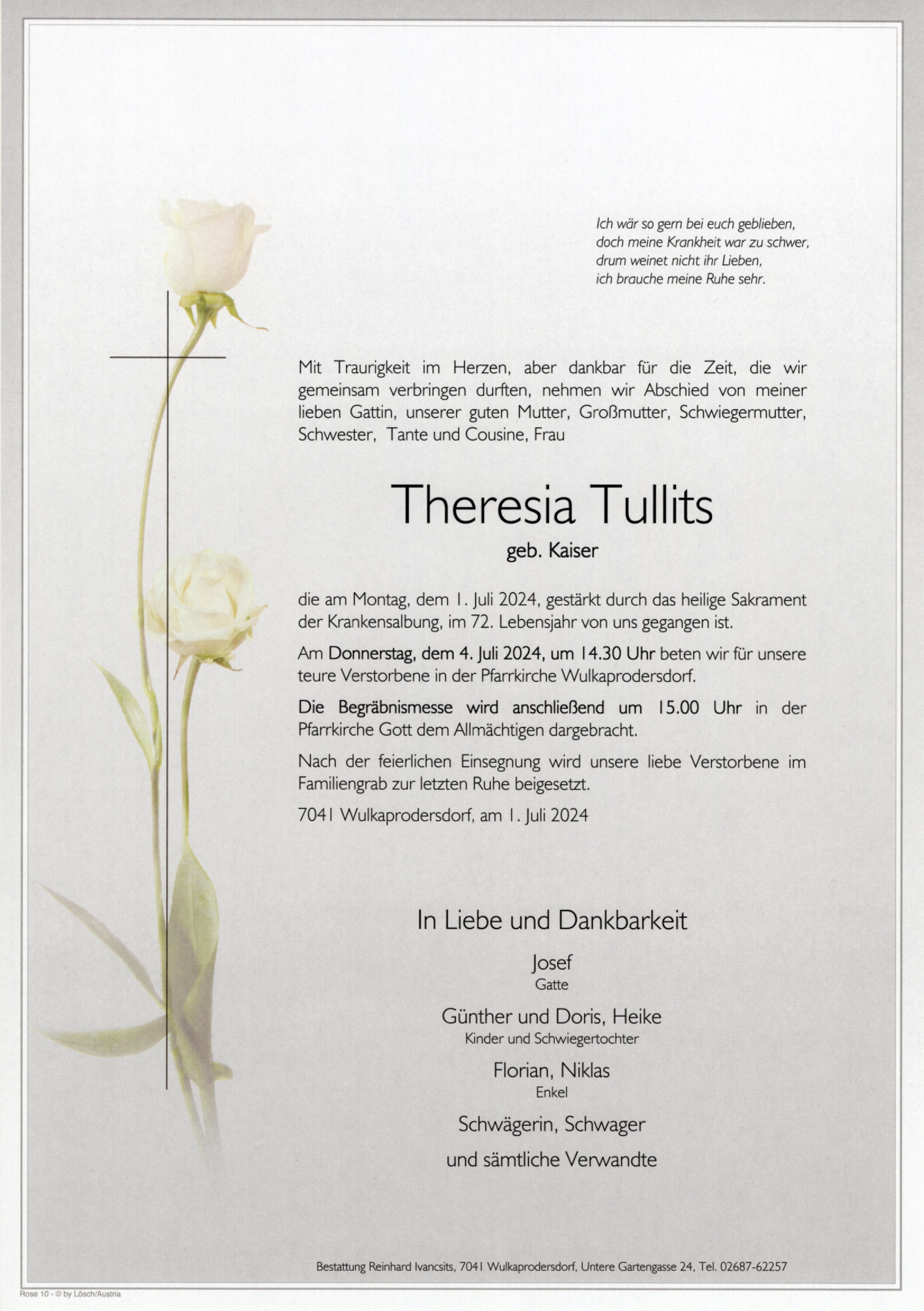 Traueranzeige von Theresia Tullits