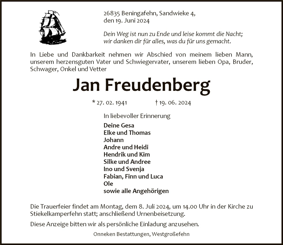 Traueranzeige von Jan Freudenberg