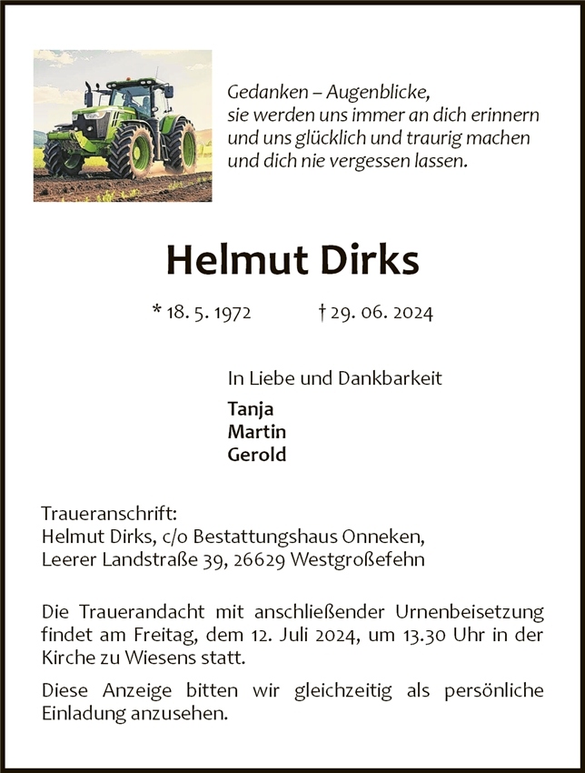 Traueranzeige von Helmut Dirks