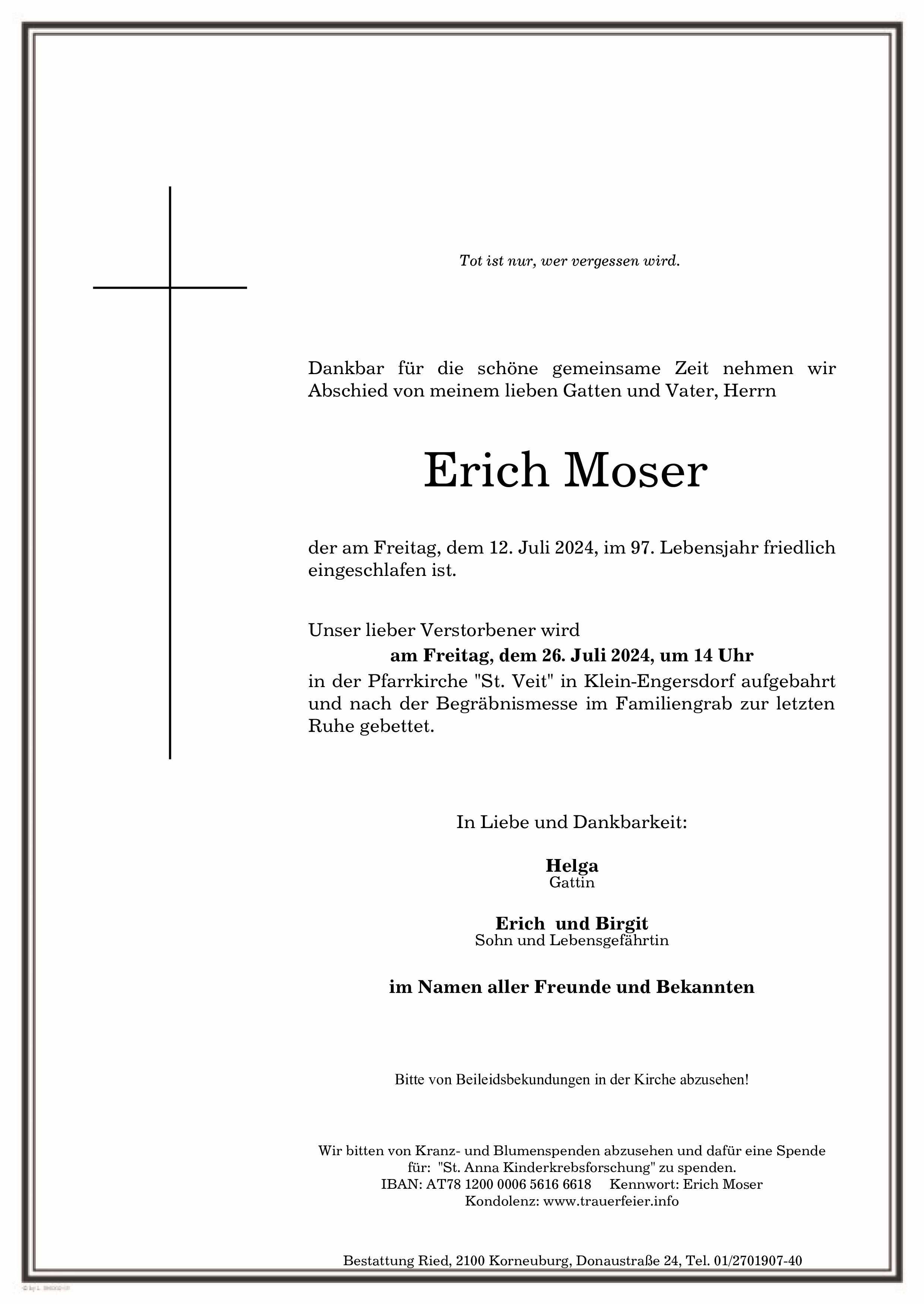 Traueranzeige von Erich Moser