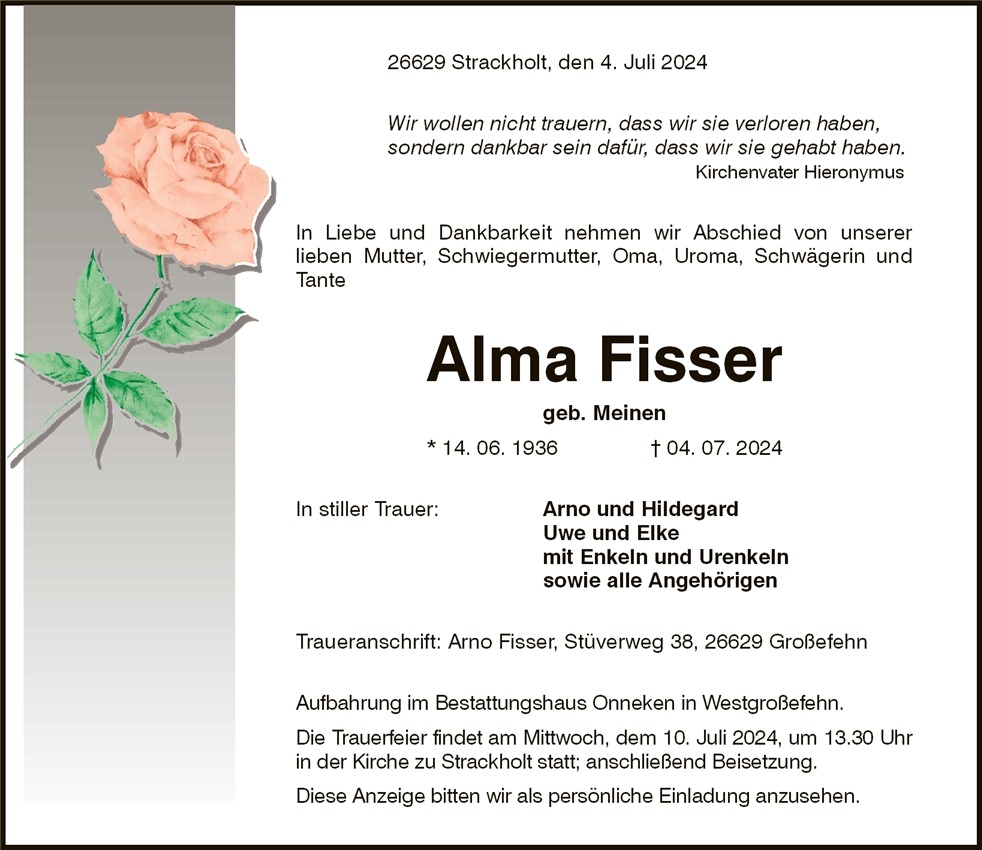 Traueranzeige von Alma Fisser