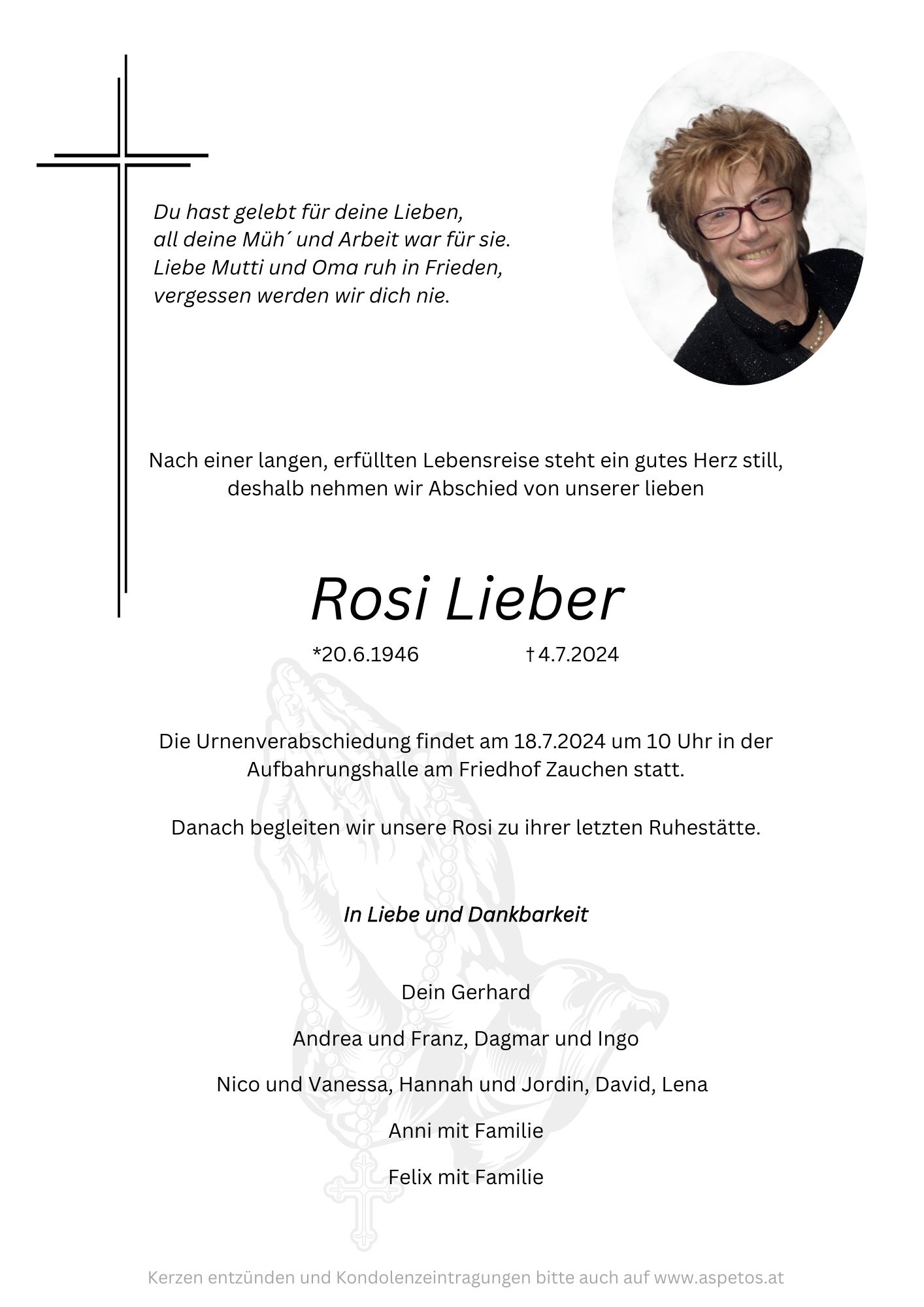 Traueranzeige von Frau Rosi Lieber