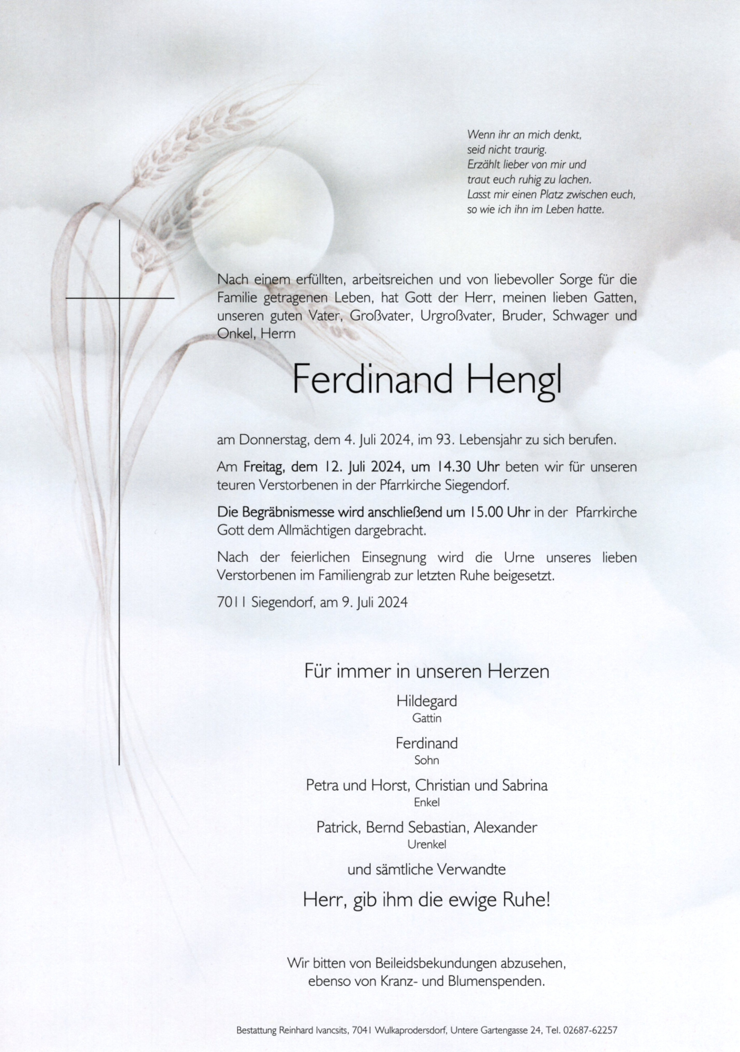 Traueranzeige von Ferdinand Hengl