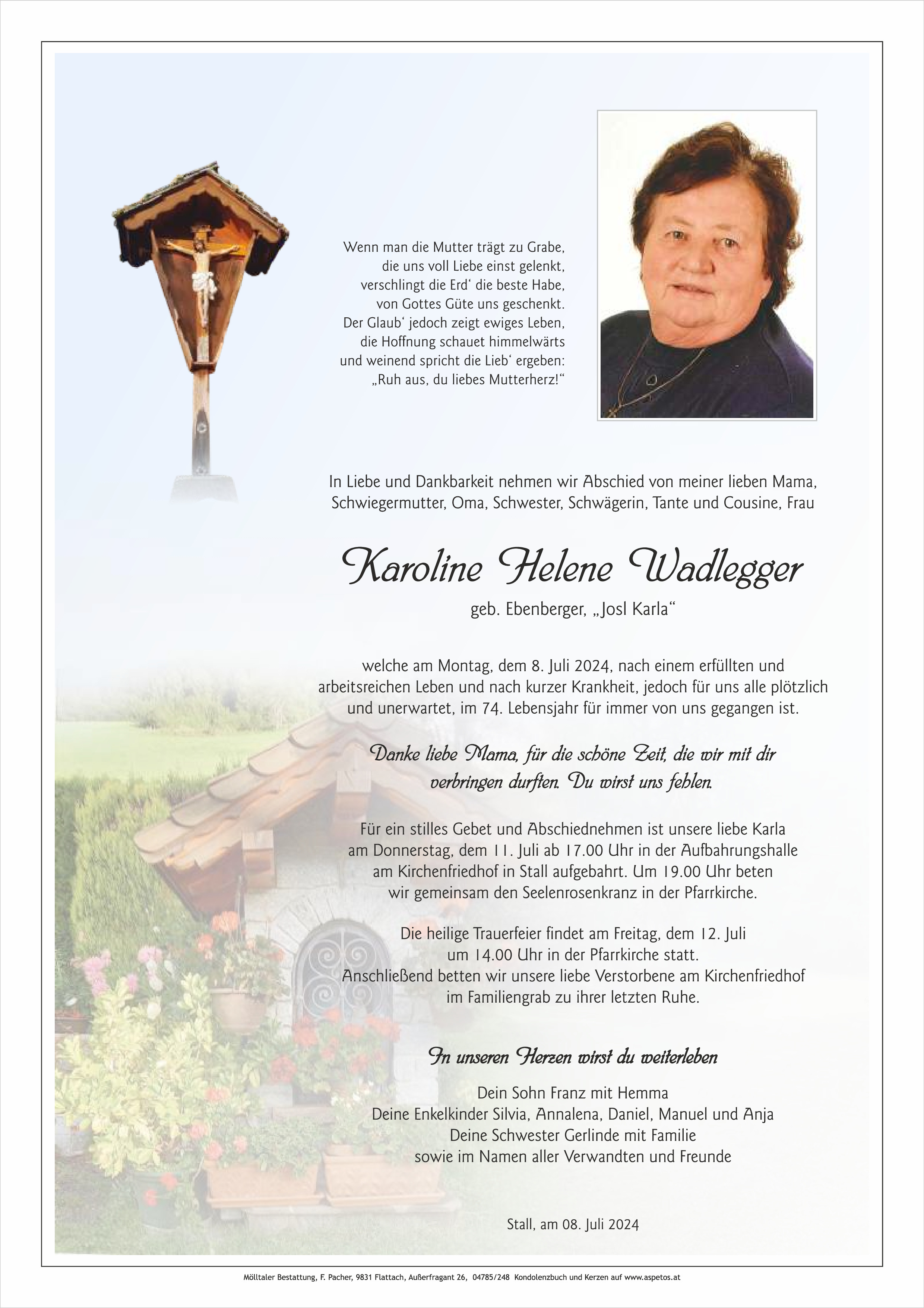 Traueranzeige von Karoline Helene Wadlegger