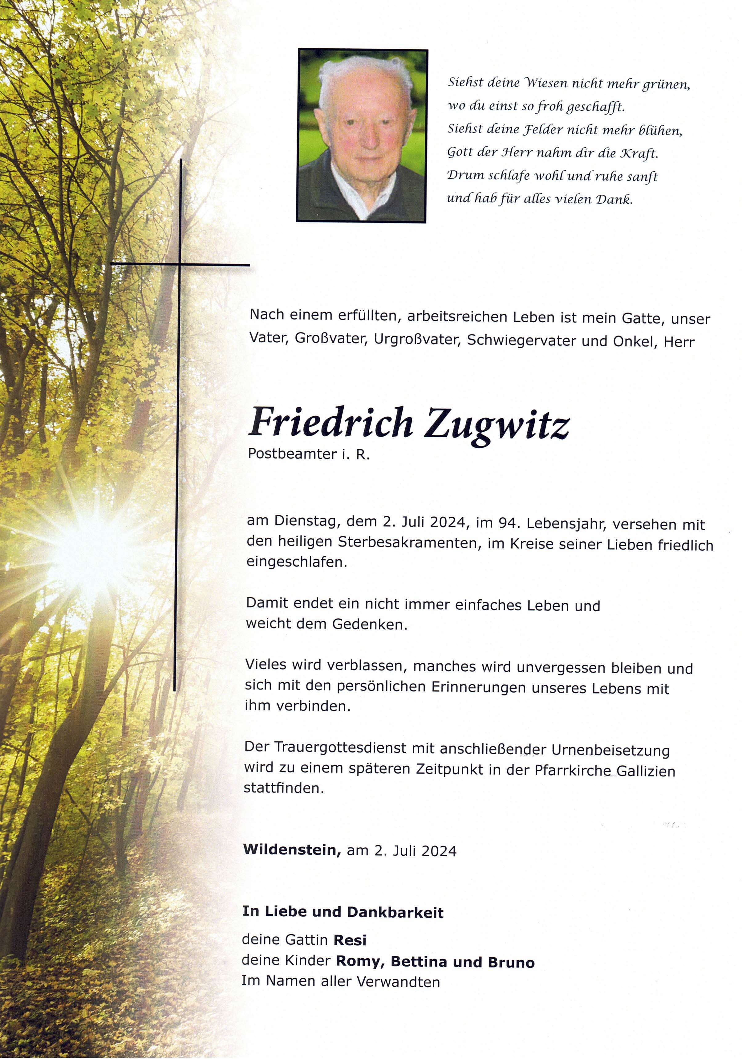 Traueranzeige von Friedrich Zugwitz