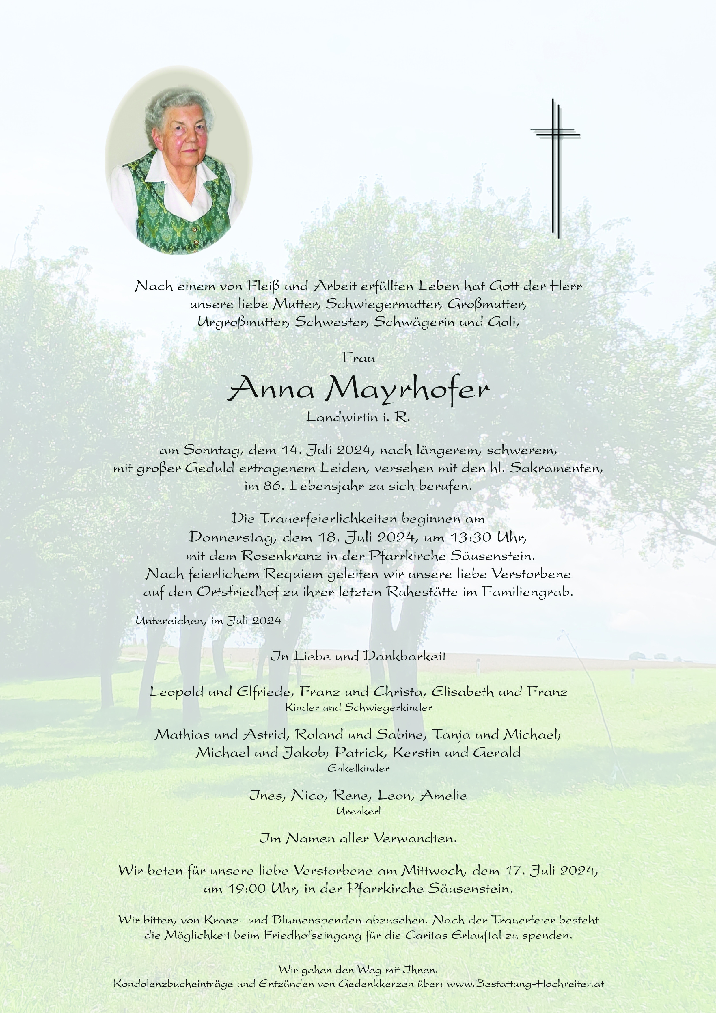 Traueranzeige von Anna Mayrhofer