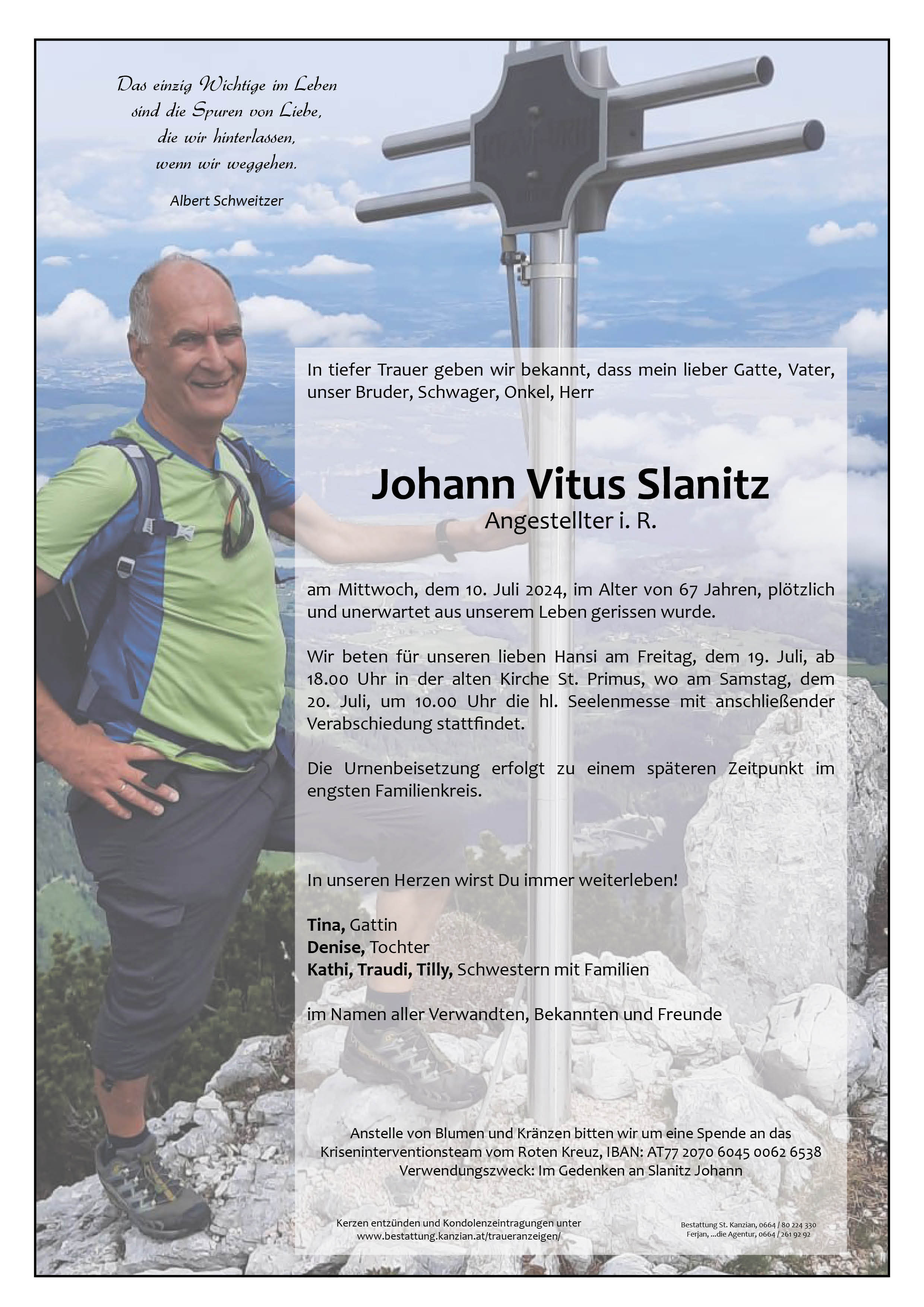 Traueranzeige von Johann Vitus Slanitz