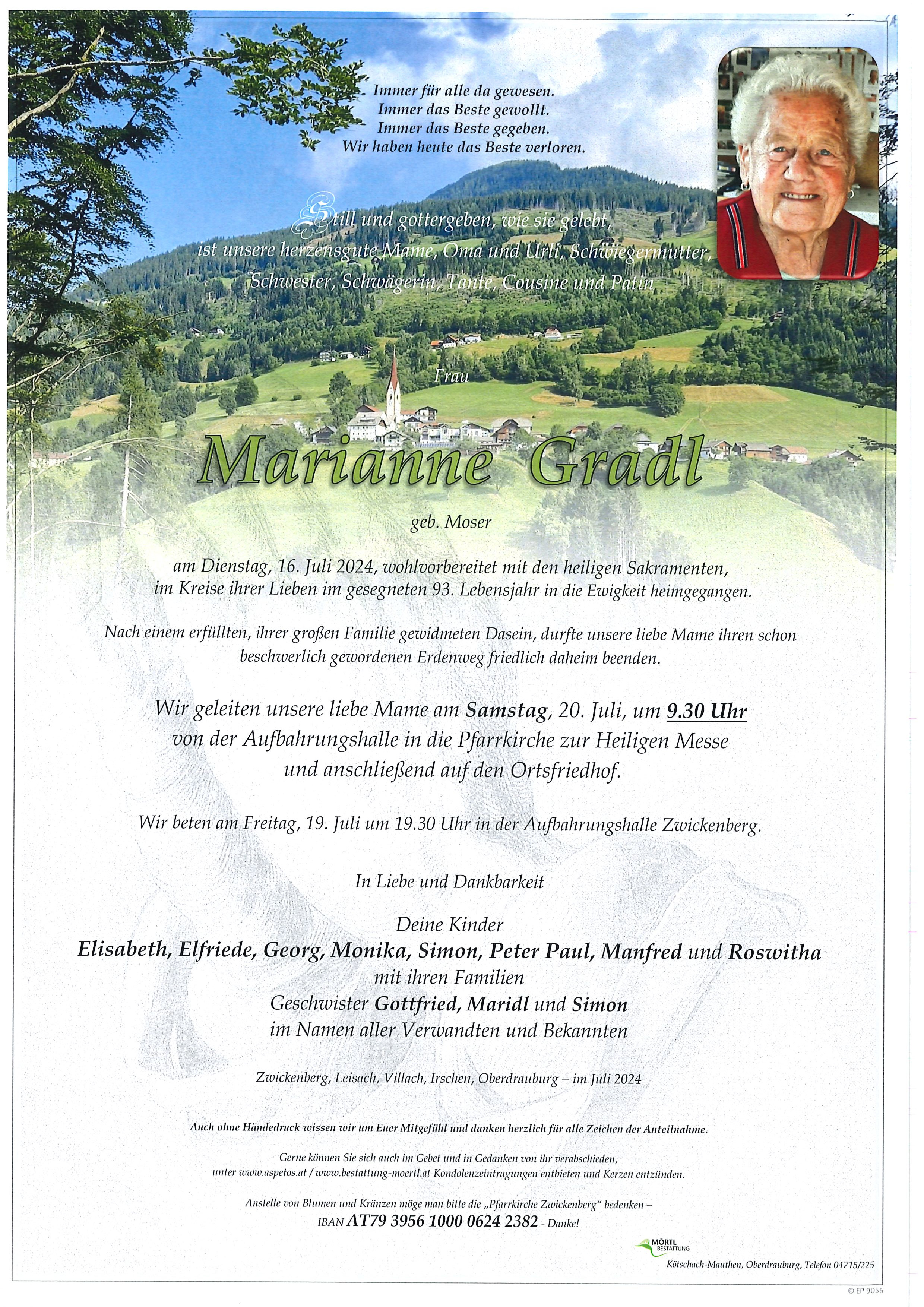 Traueranzeige von Marianne Gradl