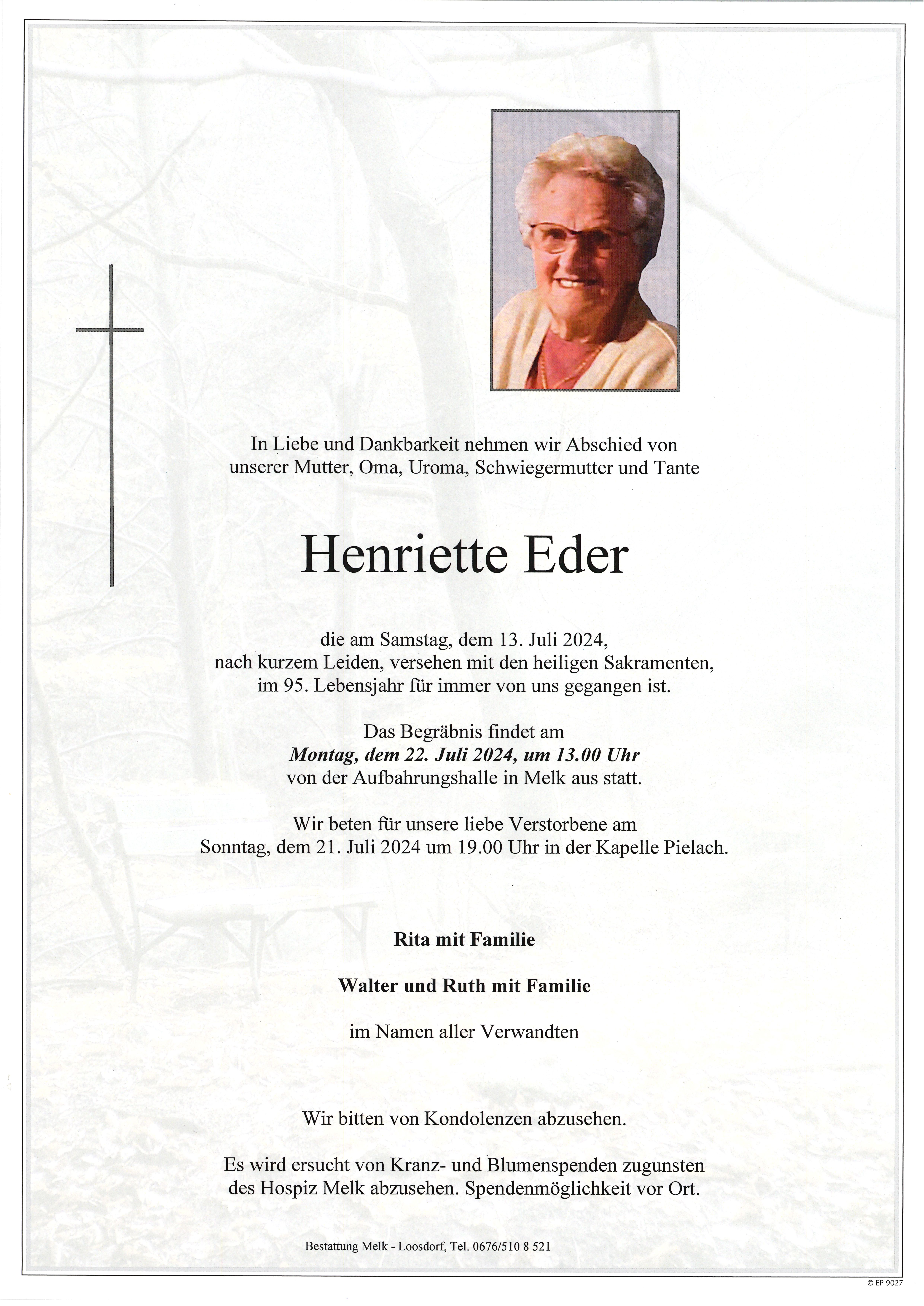 Traueranzeige von Henriettte Eder