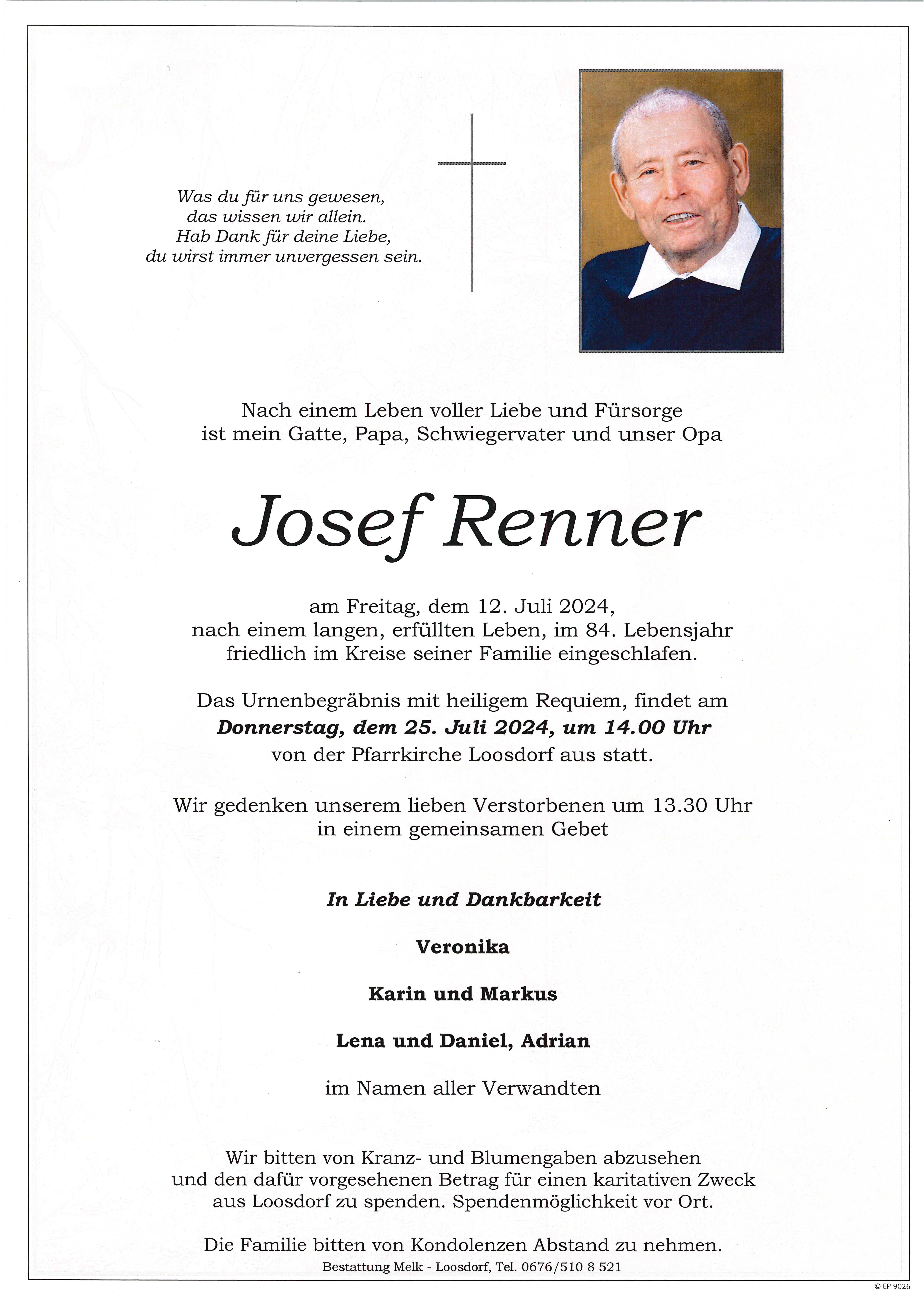 Traueranzeige von Josef Renner