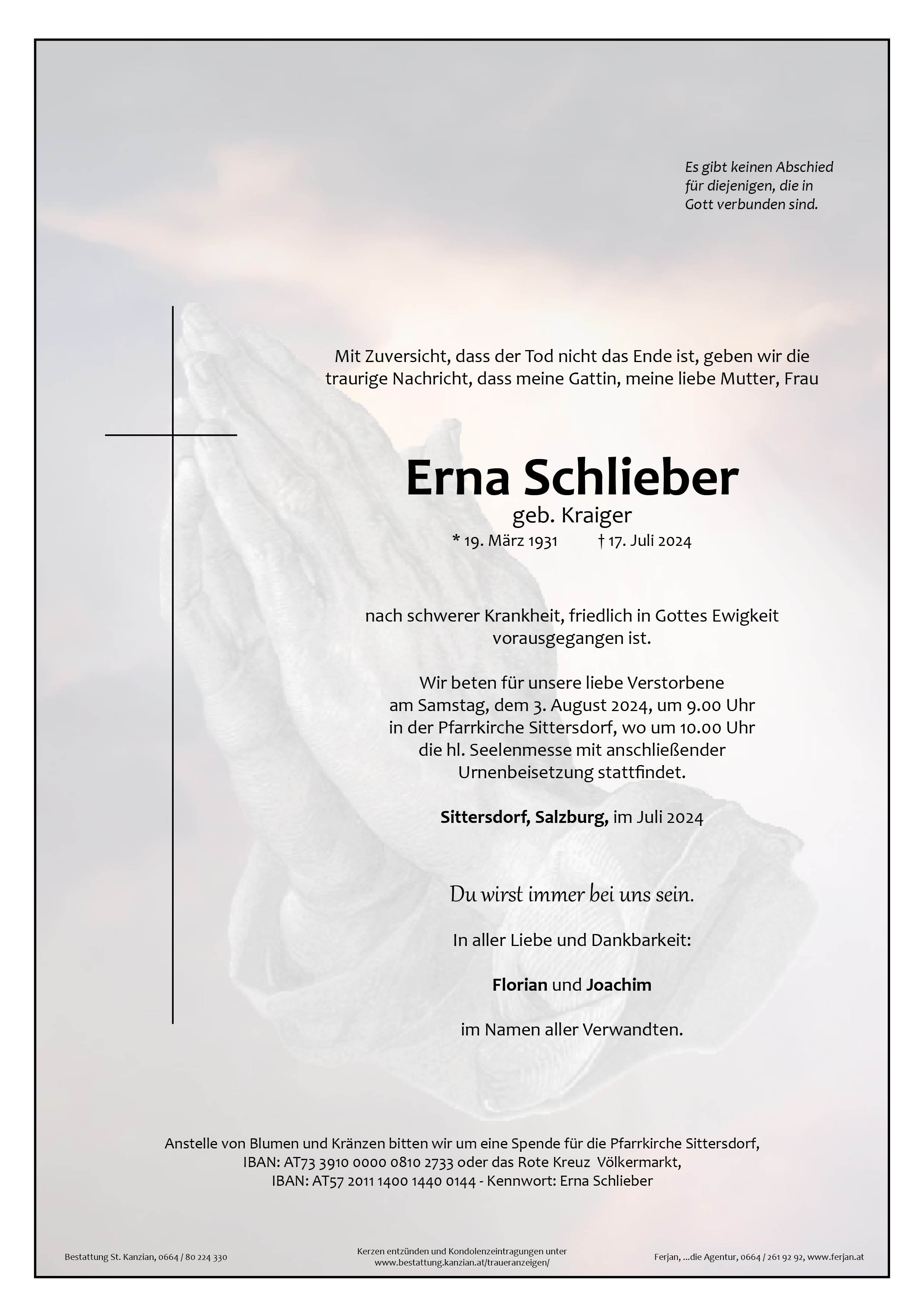 Traueranzeige von Erna Schlieber