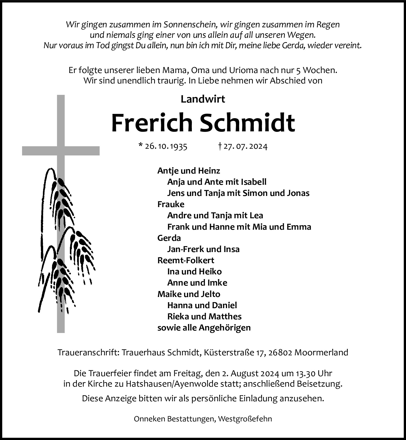Traueranzeige von Frerich  Schmidt