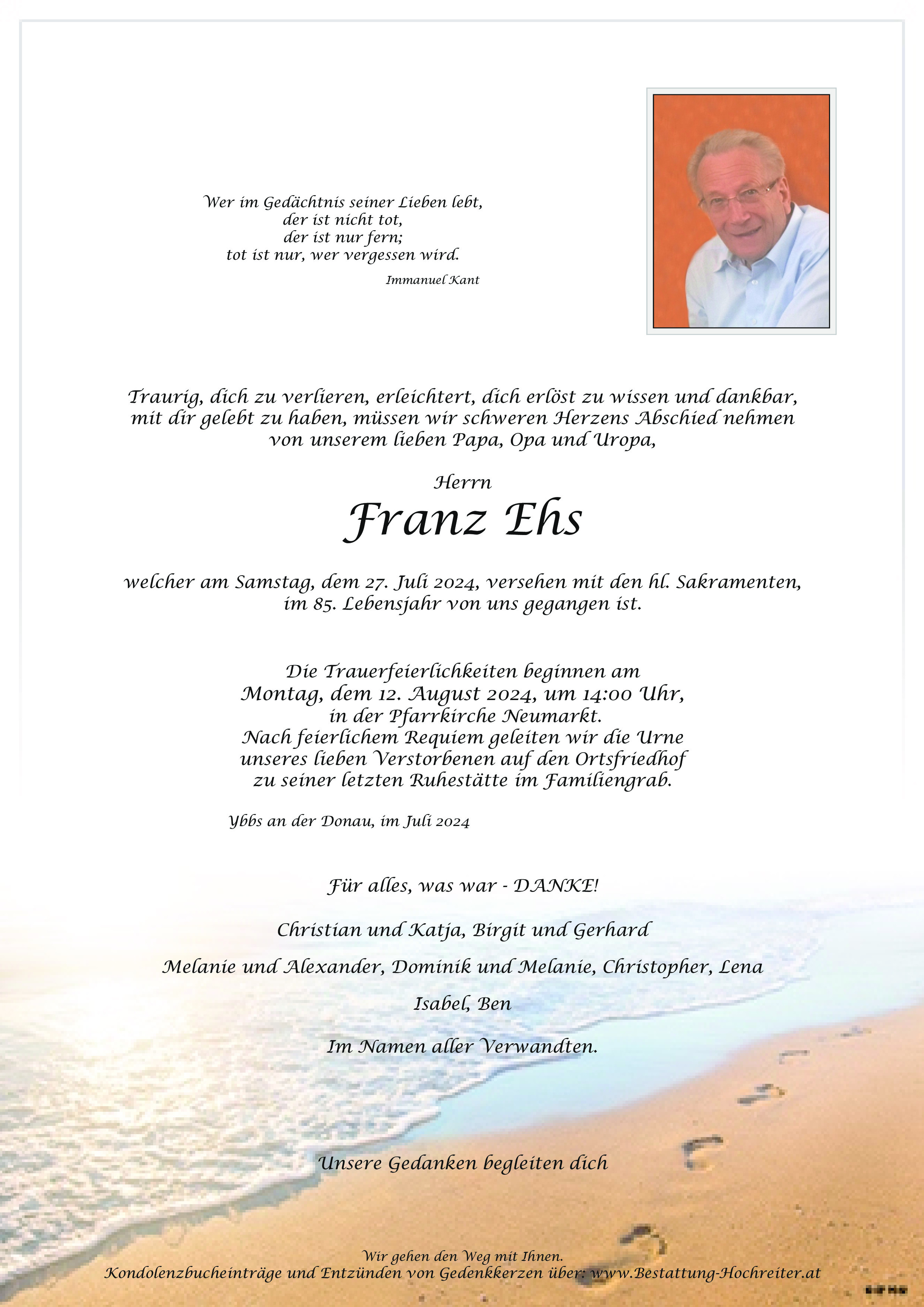 Traueranzeige von Franz Ehs