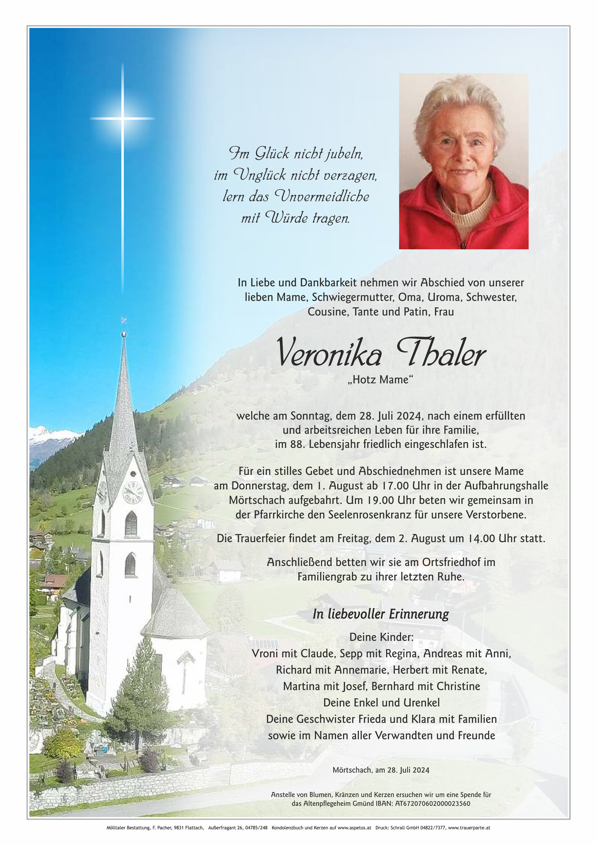 Traueranzeige von Veronika Thaler