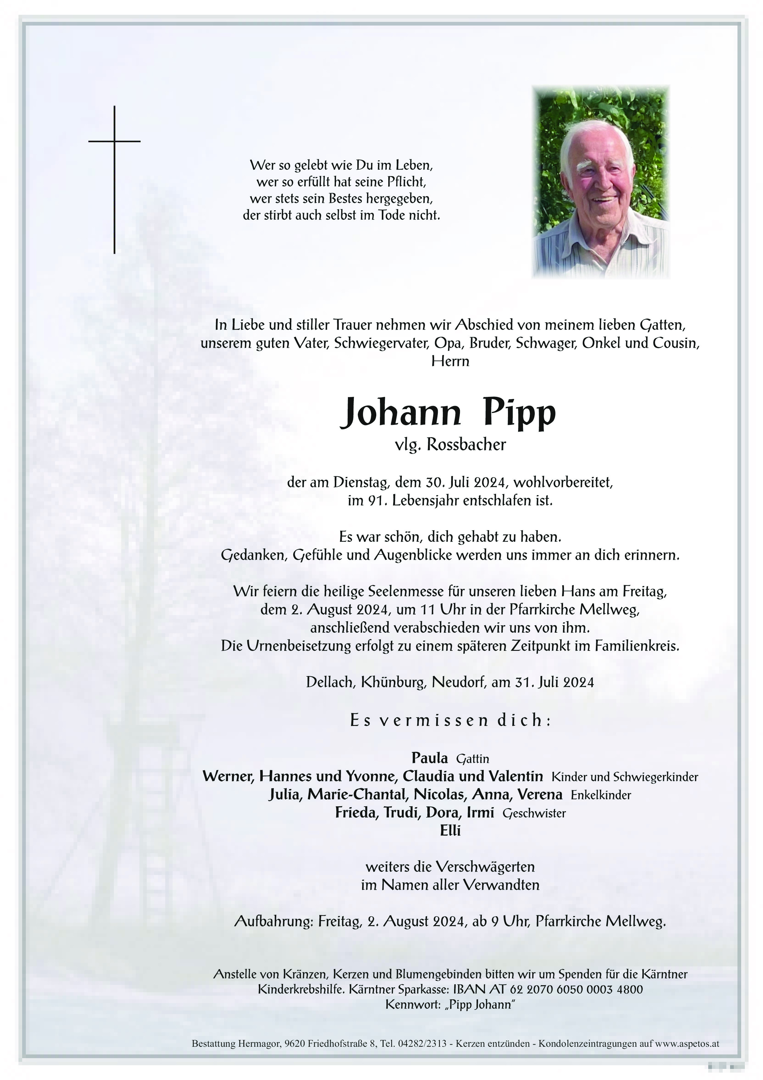 Traueranzeige von Johann Pipp