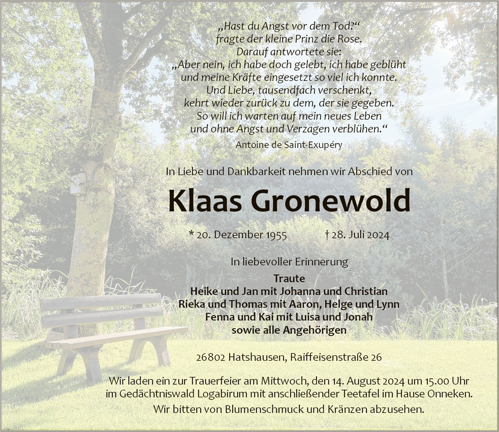 Traueranzeige von Klaas Gronewold