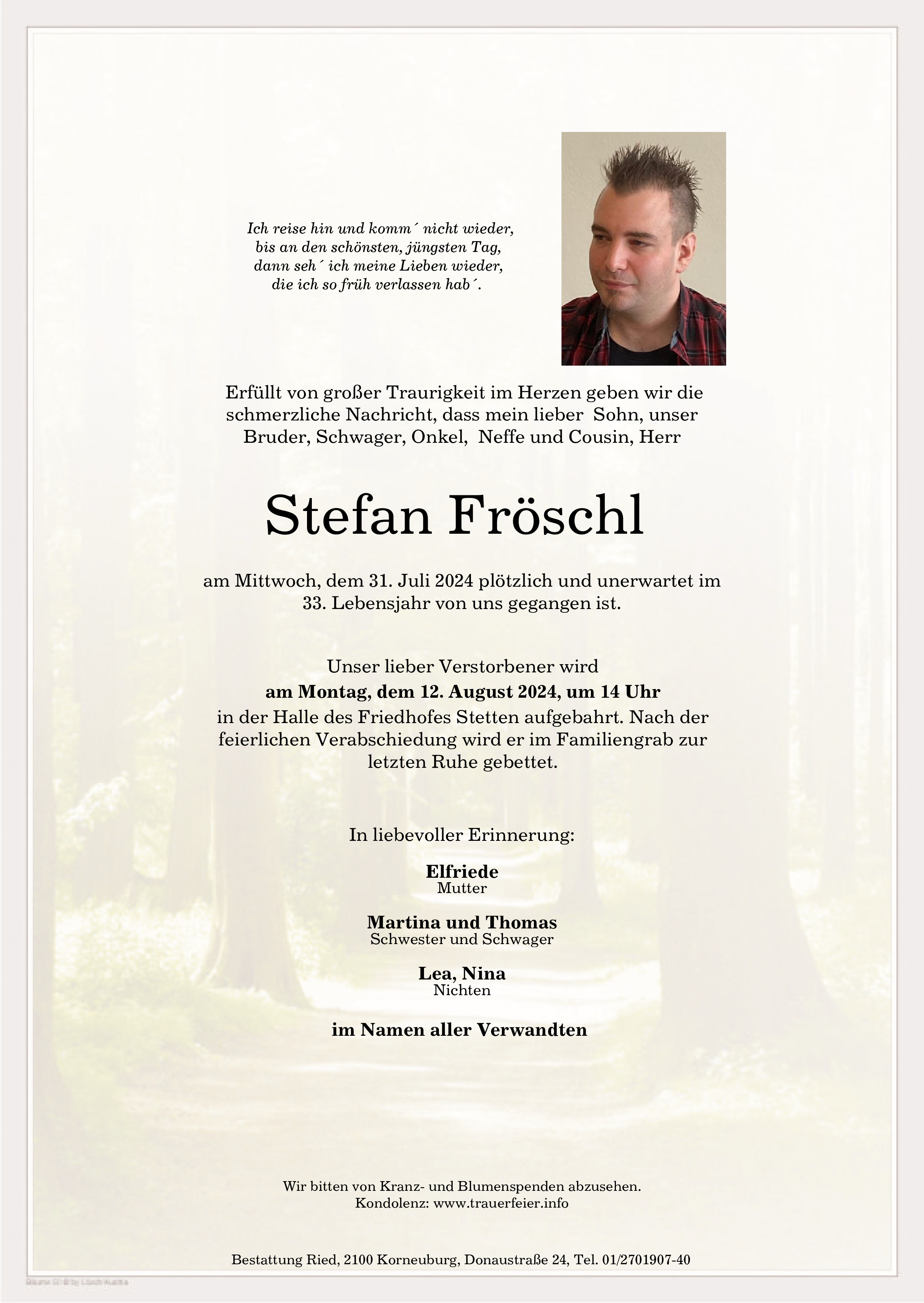 Traueranzeige von Stefan Fröschl