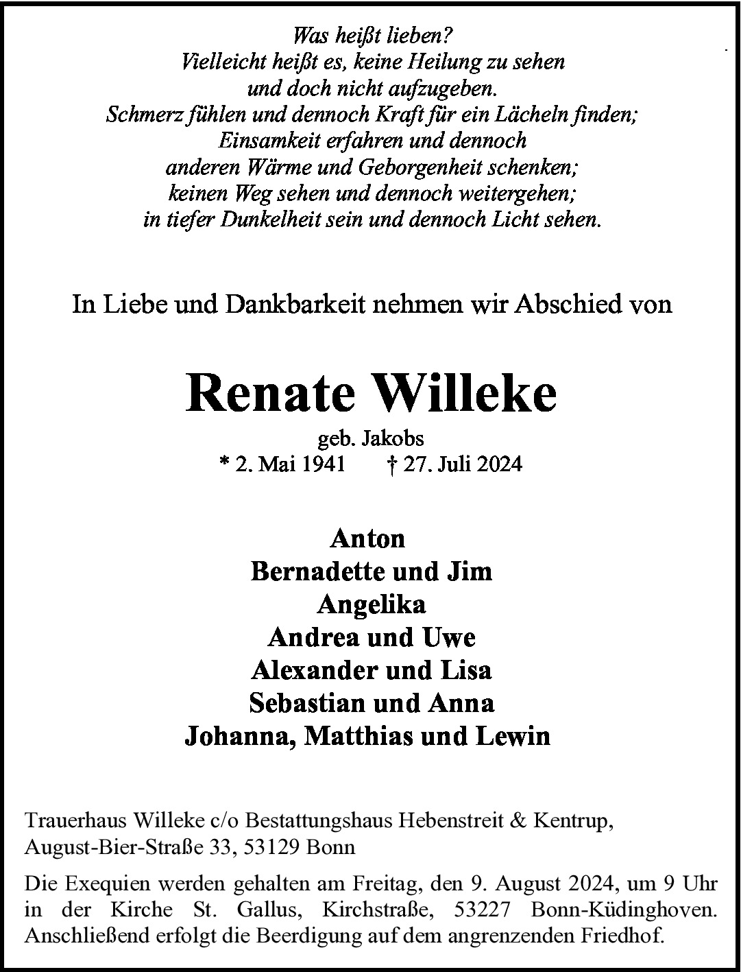 Traueranzeige von Renate Willeke