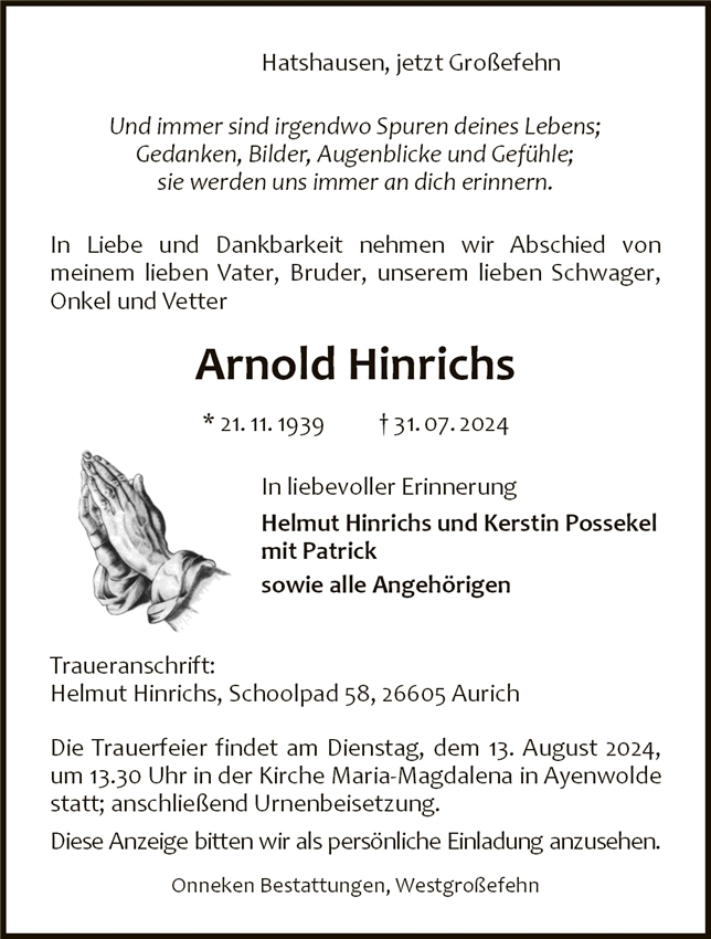 Traueranzeige von Arnold Hinrichs