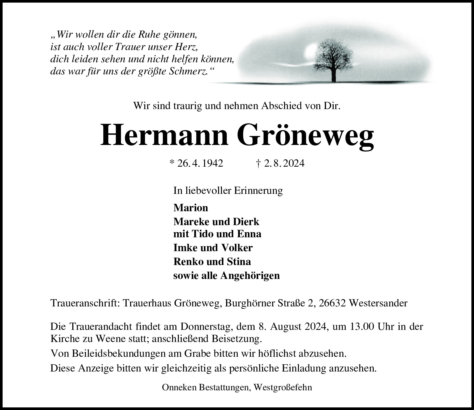 Traueranzeige von Hermann Gröneweg