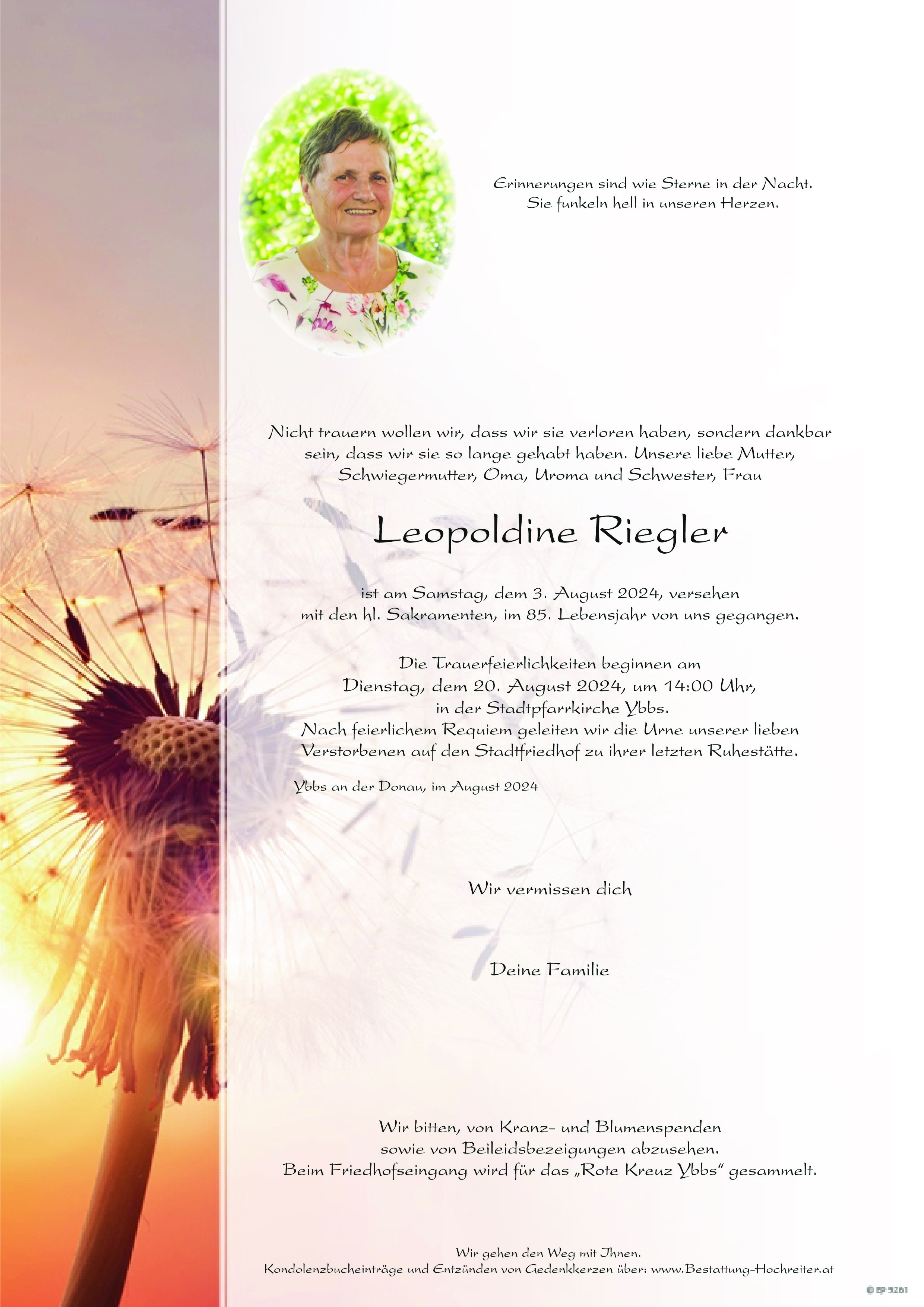Traueranzeige von Leopoldine Riegler