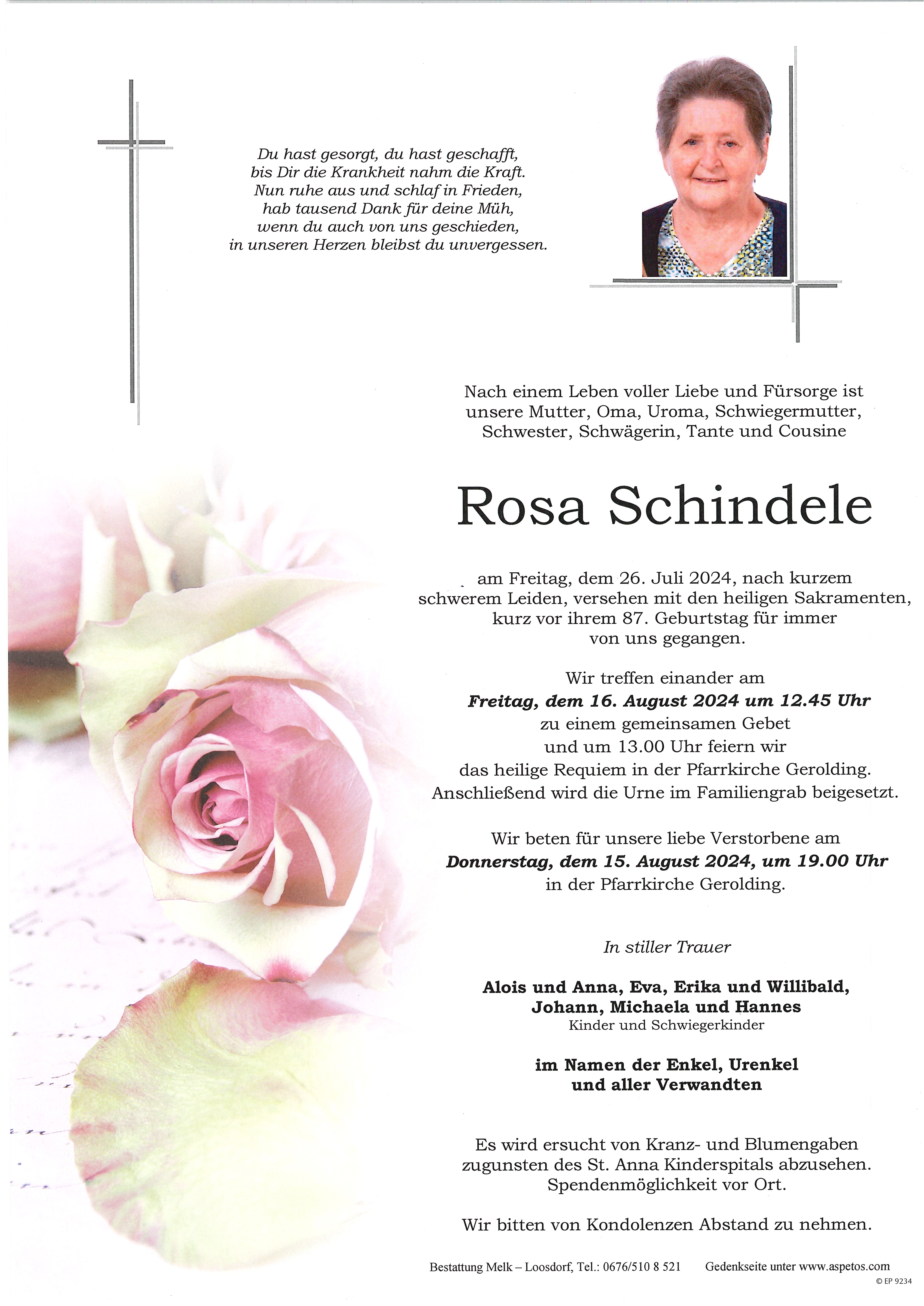 Traueranzeige von Rosa Schindele