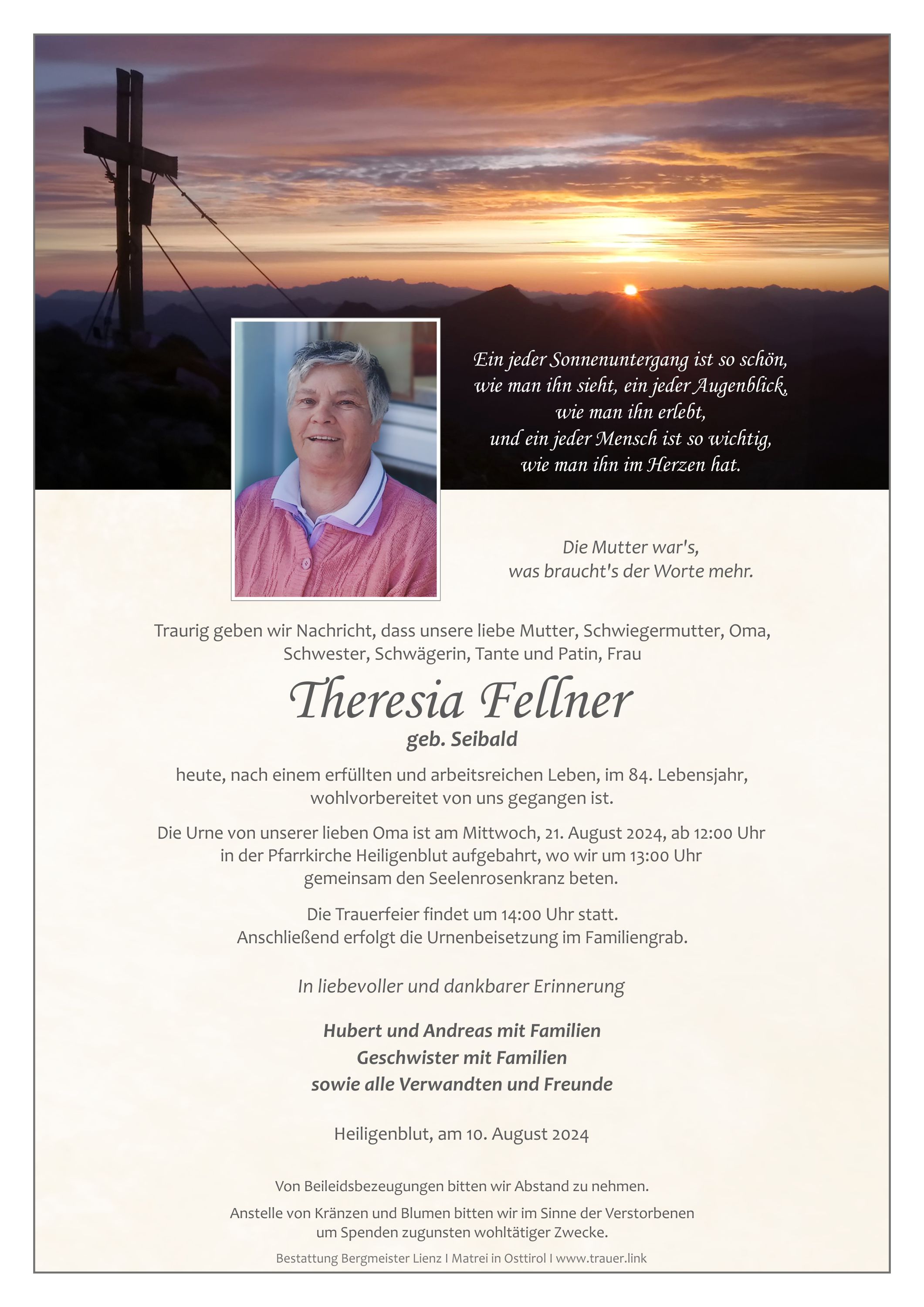 Traueranzeige von Theresia Fellner