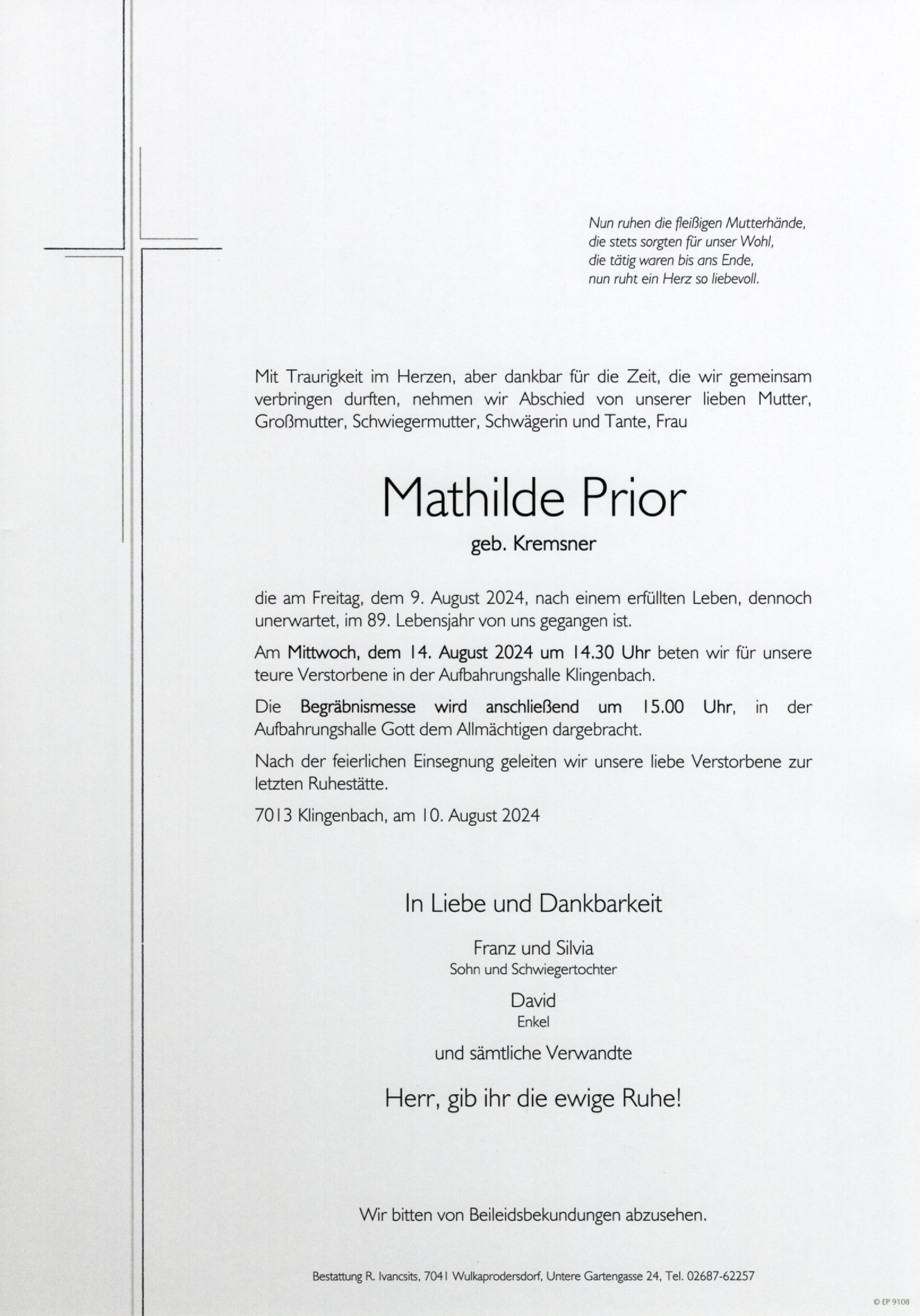 Traueranzeige von Mathilde Prior