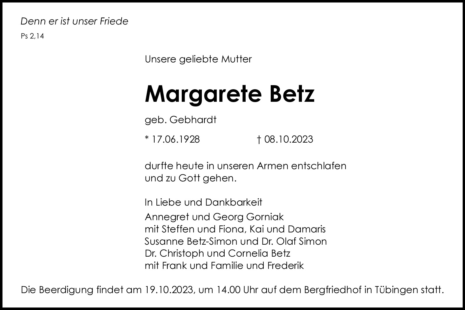 Traueranzeige von Margarete Betz