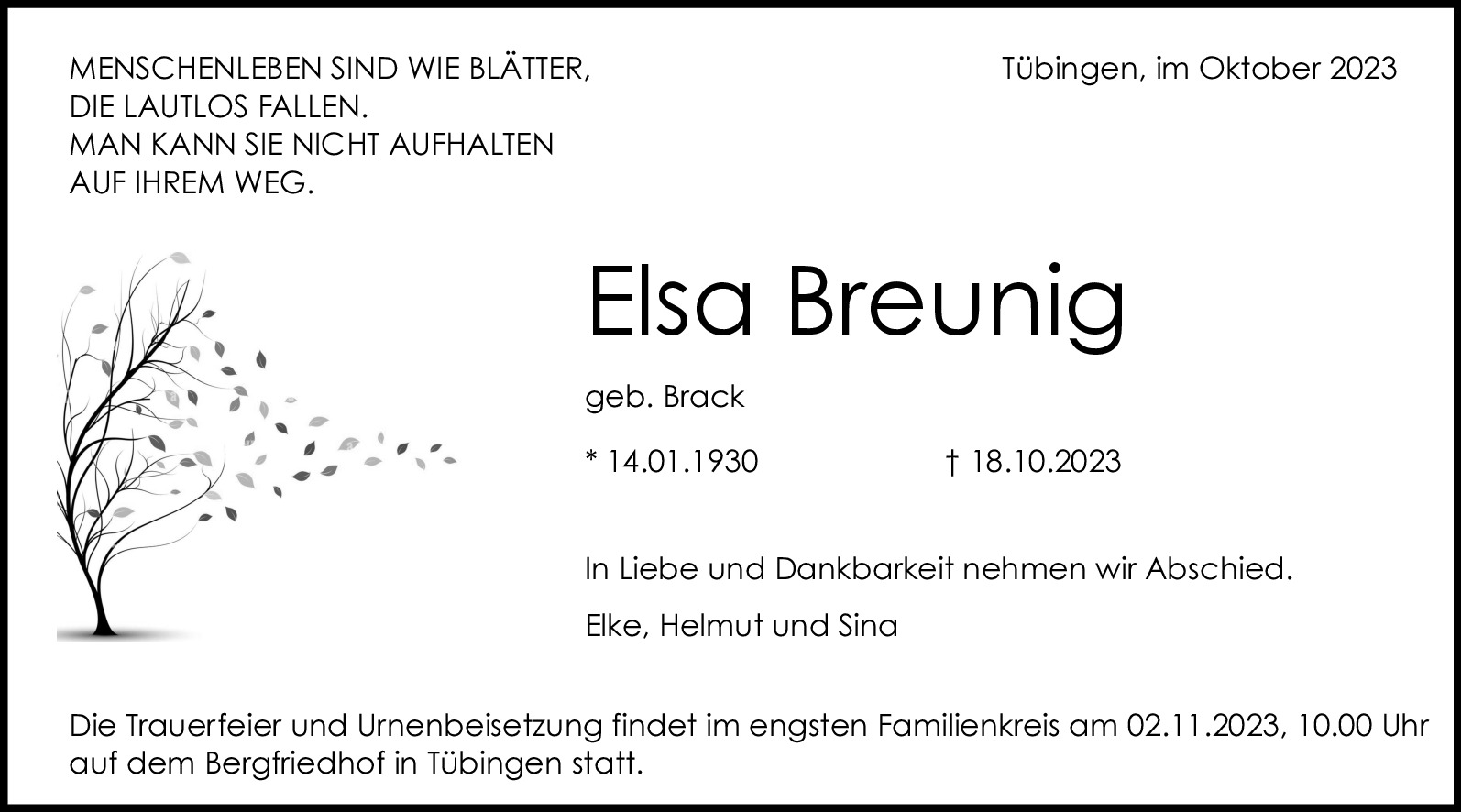 Traueranzeige von Elsa Breunig