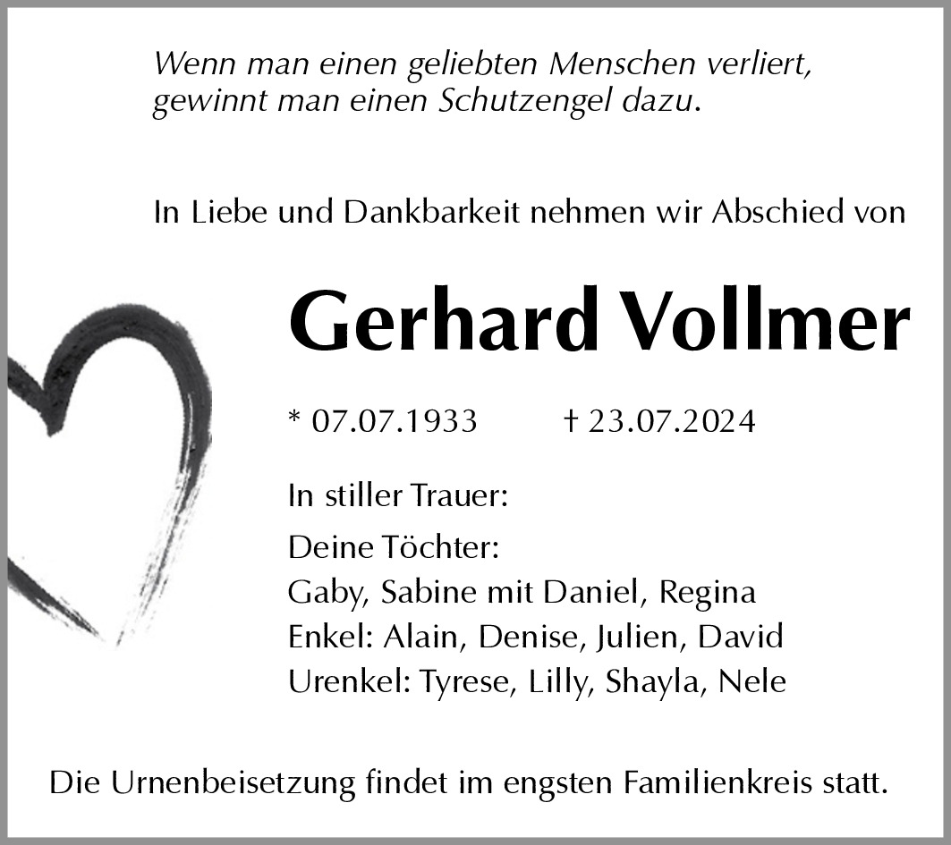 Traueranzeige von Gerhard Vollmer