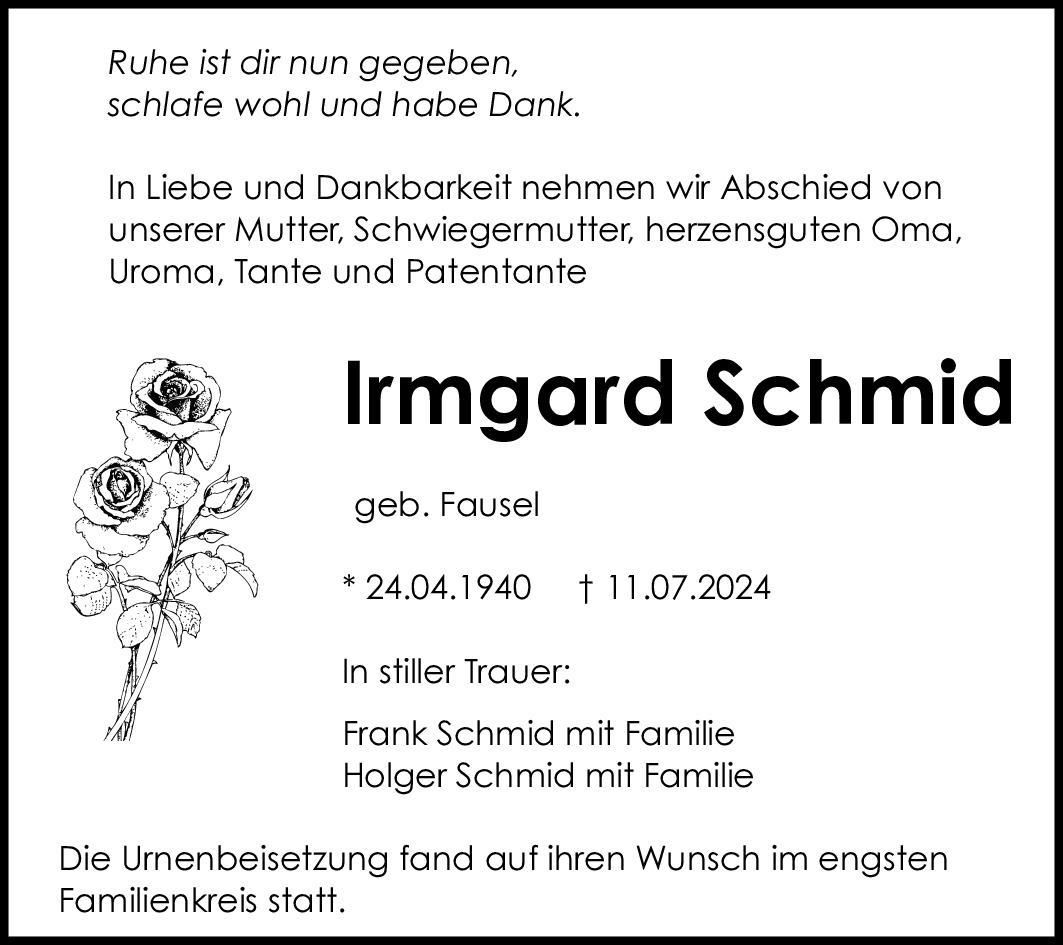 Traueranzeige von Irmgard Schmid