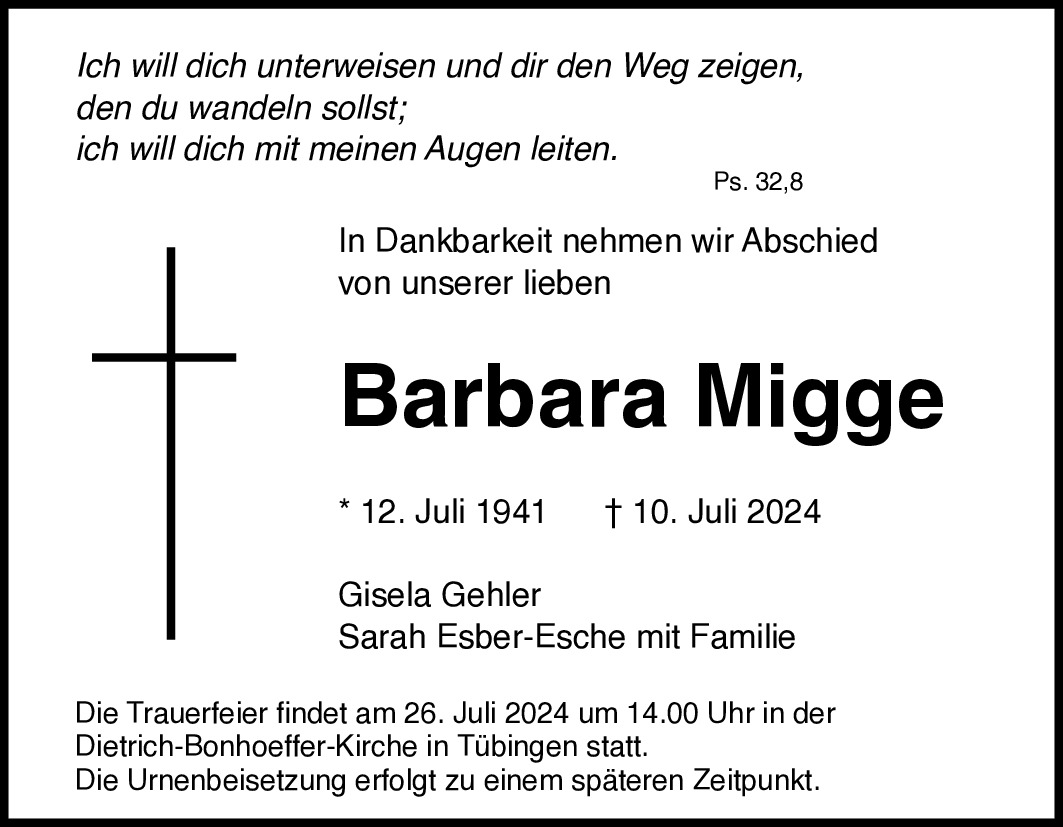 Traueranzeige von Barbara Migge