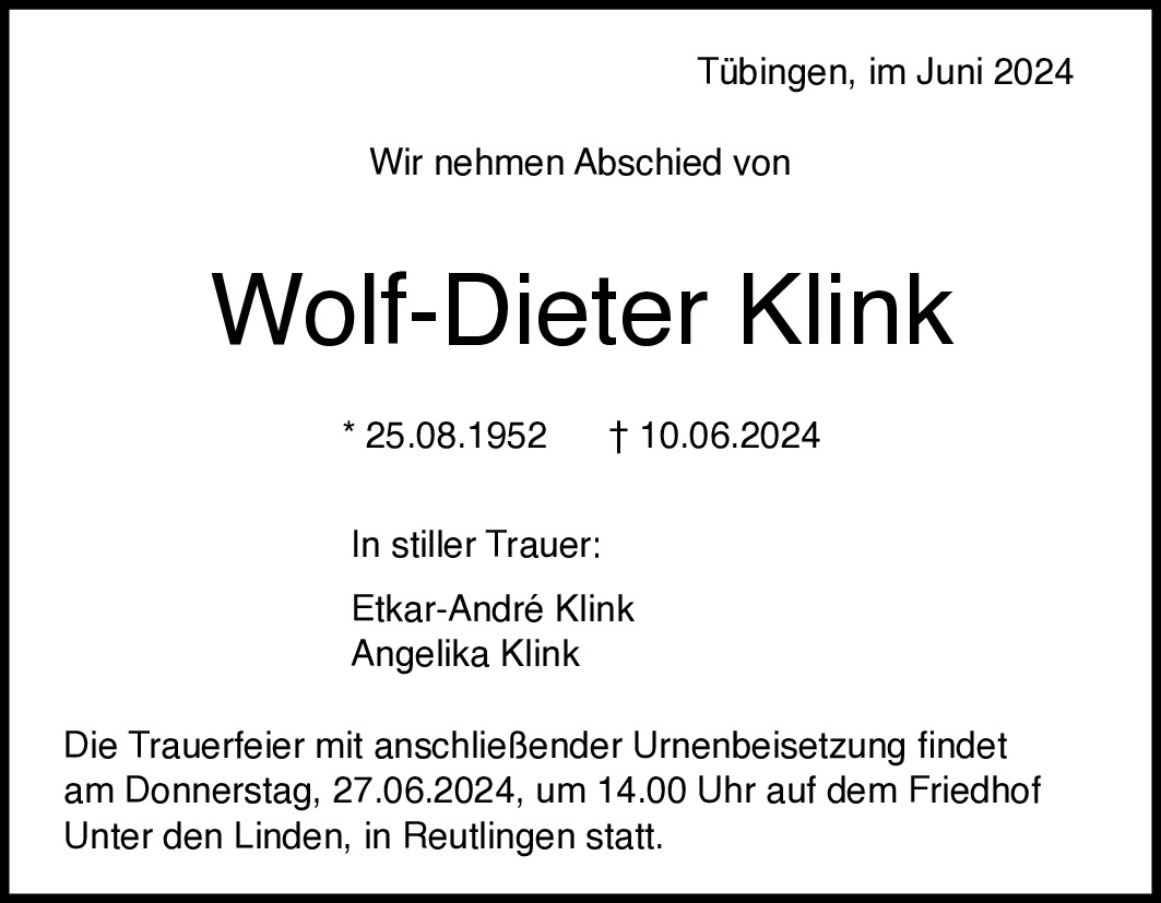 Traueranzeige von Wolf-Dieter Klink