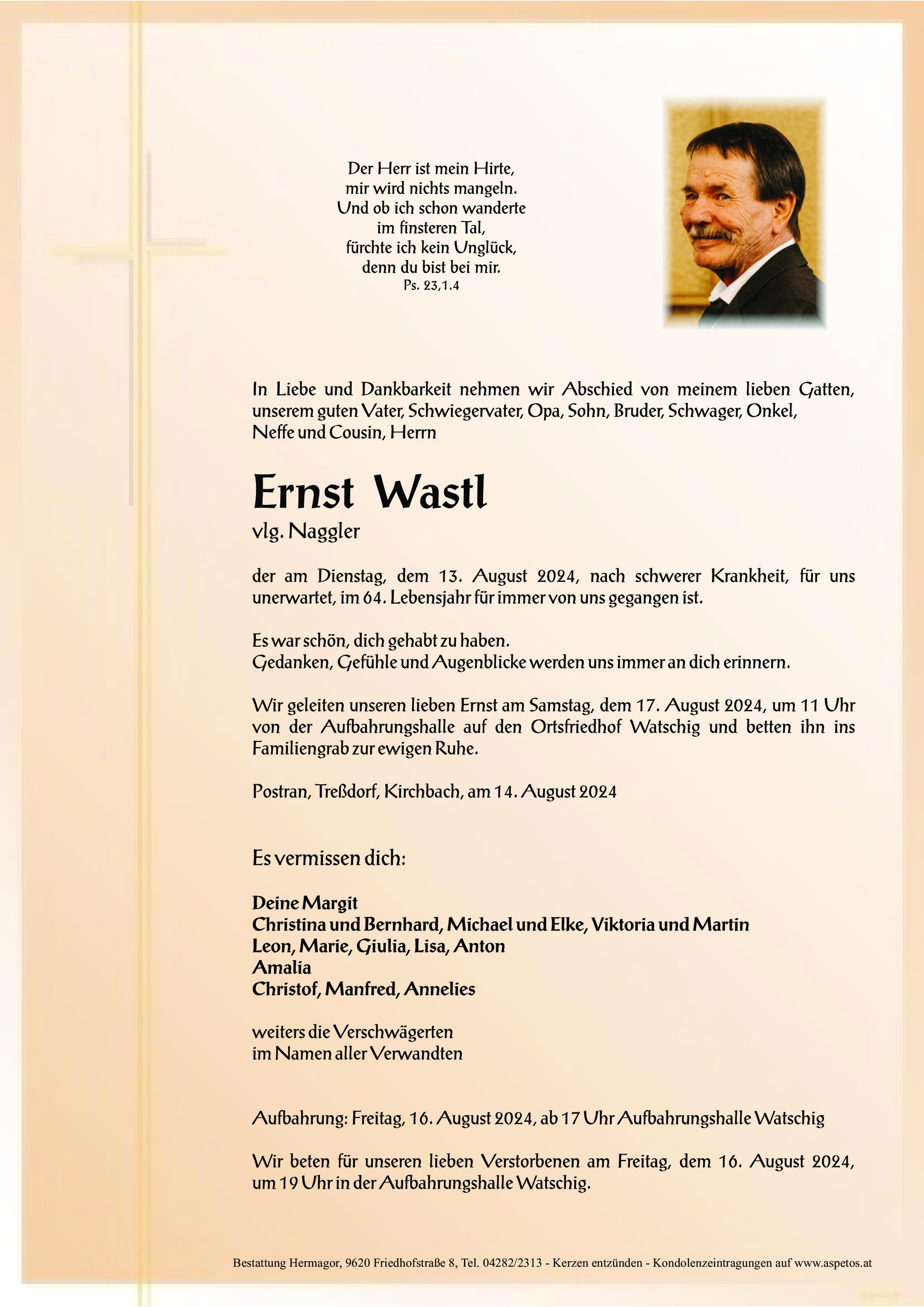 Traueranzeige von Ernst Wastl