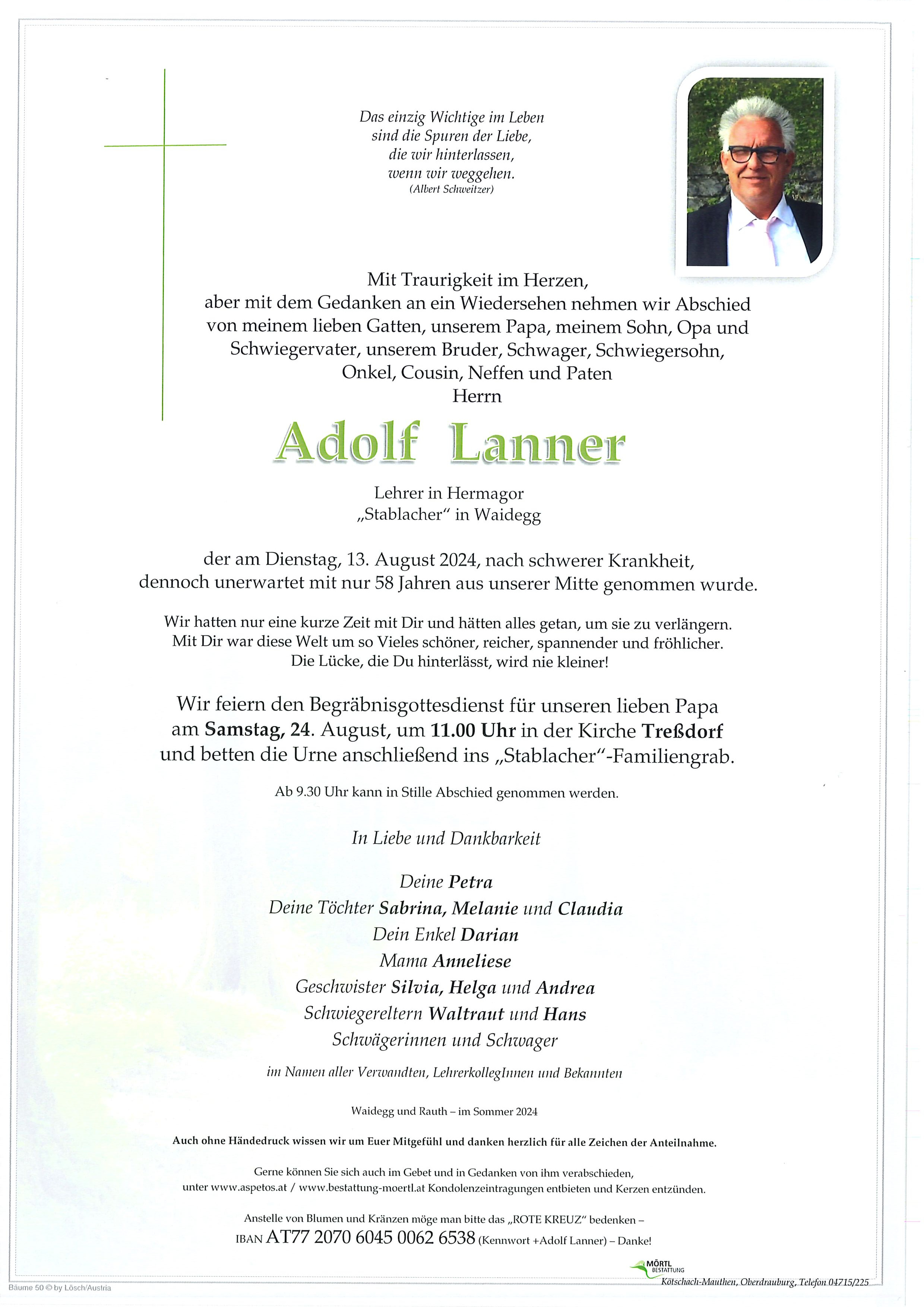 Traueranzeige von Adolf Lanner