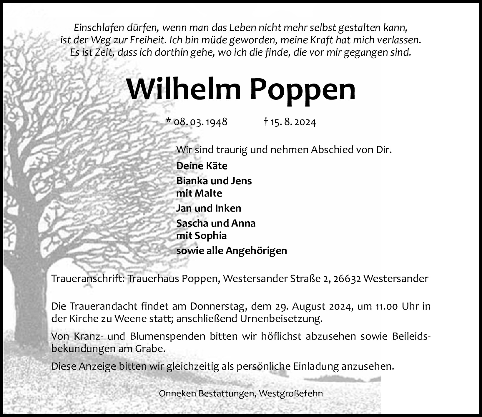 Traueranzeige von Wilhelm Poppen